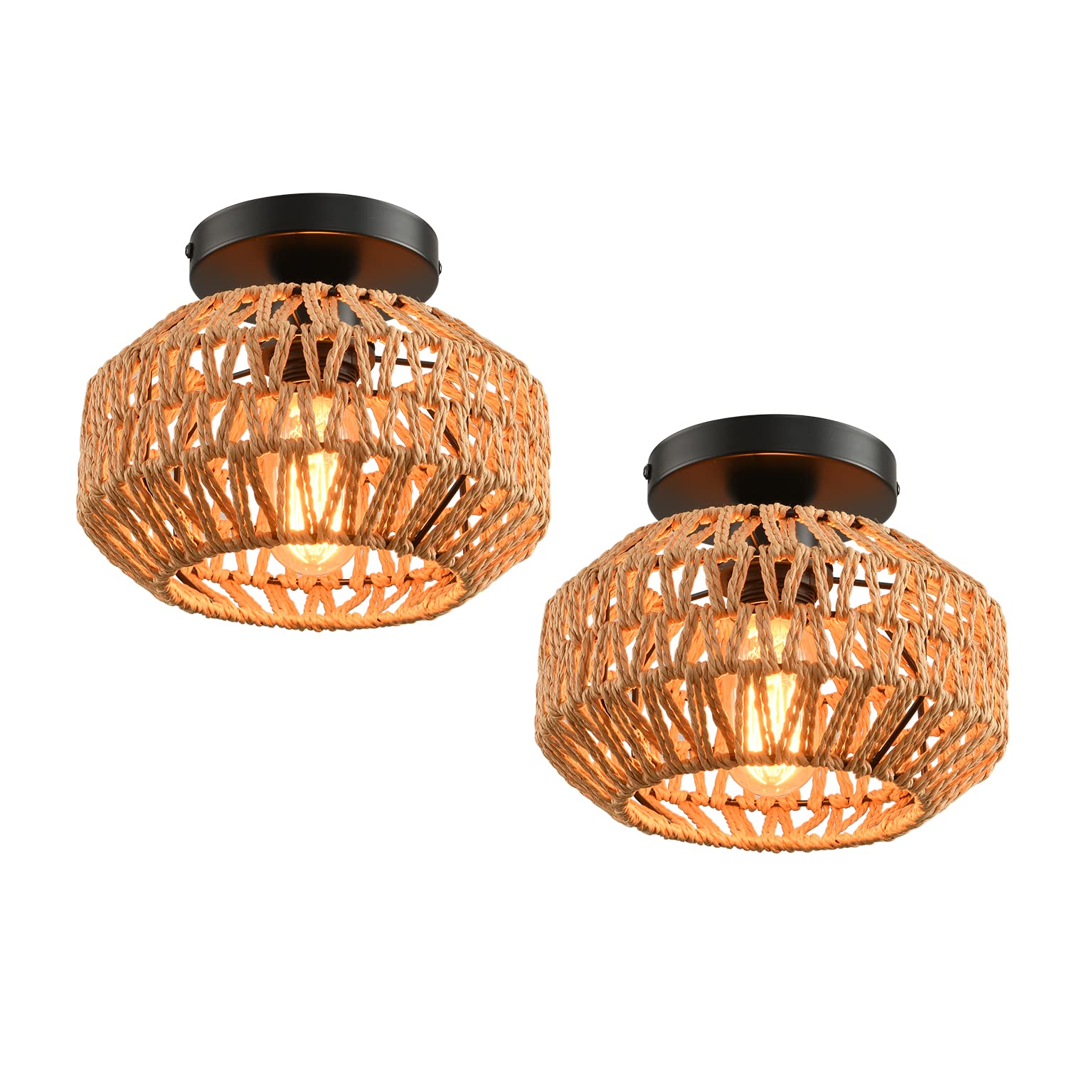 2 Pack Farmhouse Light Fixtures Ceiling Mount,Mini Rattan Boho Semi Flush Mount Ceiling Light,Hand Woven Hallway Light Fixtures for Bedroom Entryway Nursery Study Room