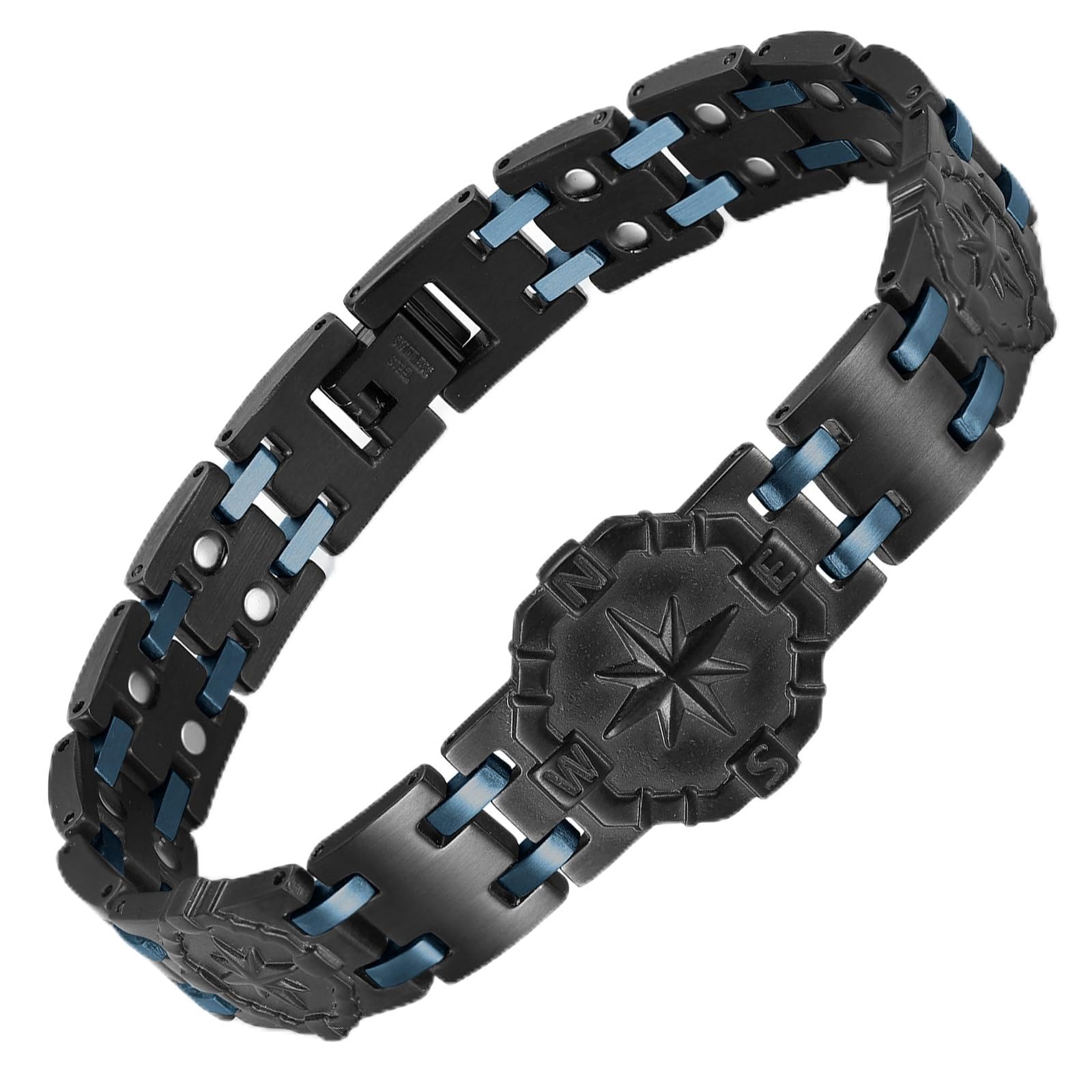 RainSo Magnetarmband Herren, Edelstahlarmband für Herren, Kompass-Design mit Achtstrahligem Stern, 8,86 Zoll Verstellbare, Maritimes Stil für Segeln, Tauchen und Strandurlaub (Schwarz-Blau)