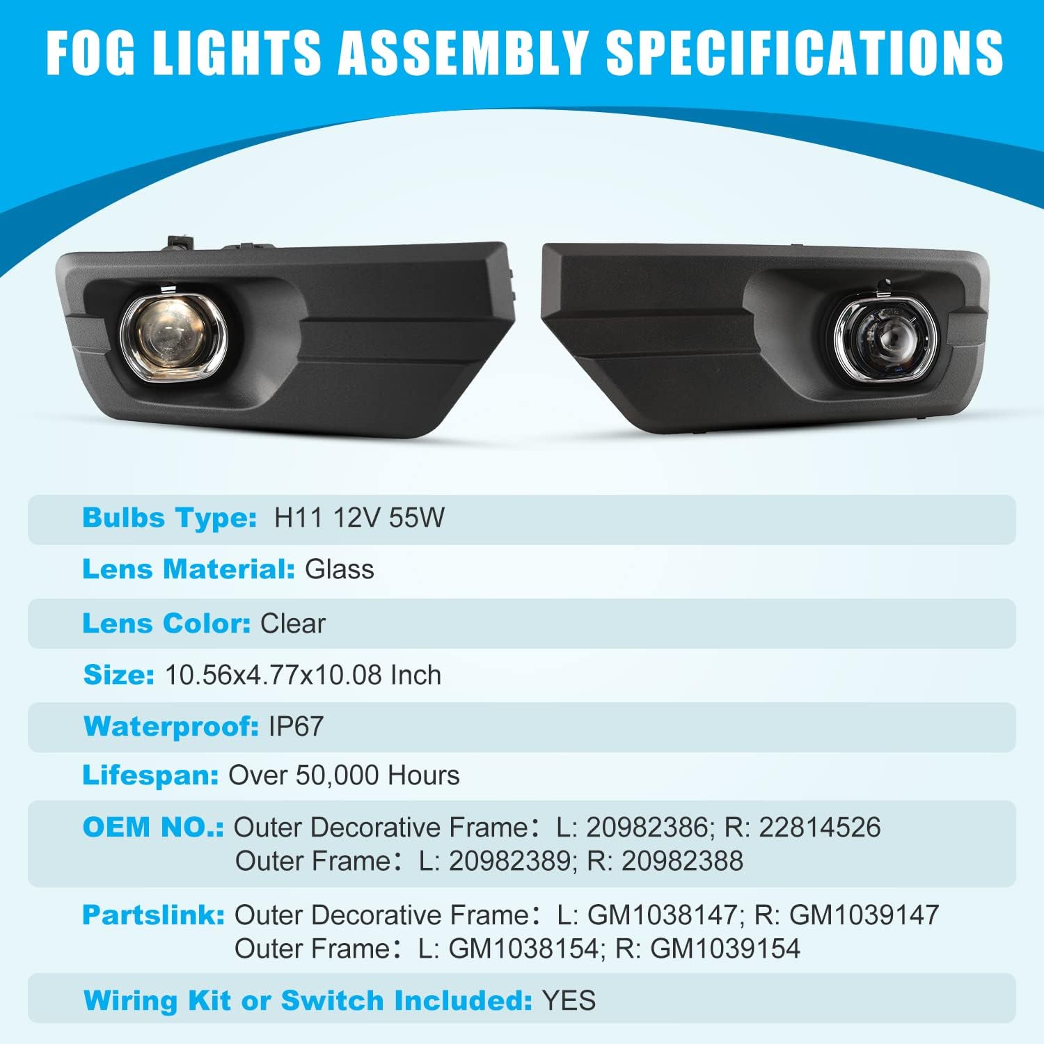 CPW Fog Lights Assembly Fit for 2013 2014 2015 2016 GMC Acadia, Driver & Passenger Driving Fog Lamps Replacement w/ H11 12V55W Halogen Bulbs + Wiring + Switch (Black Housing Clear Lens)