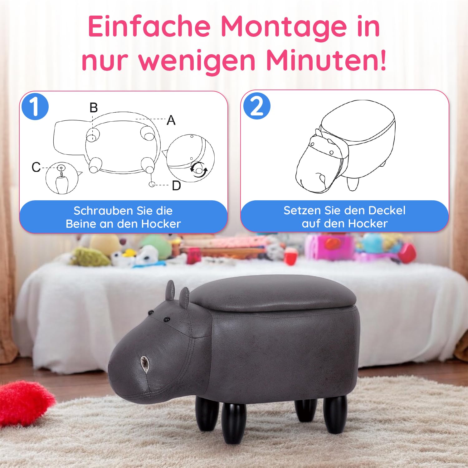 Suleno Nilpferd Tierhocker mit Stauraum, Niedlicher Organizer &, 36 cm | Sitzbox für Kinder, weicher Bezug in Lederoptik, Holzbeine, dekorative Möbel für Kinderzimmer 66 x 36 x