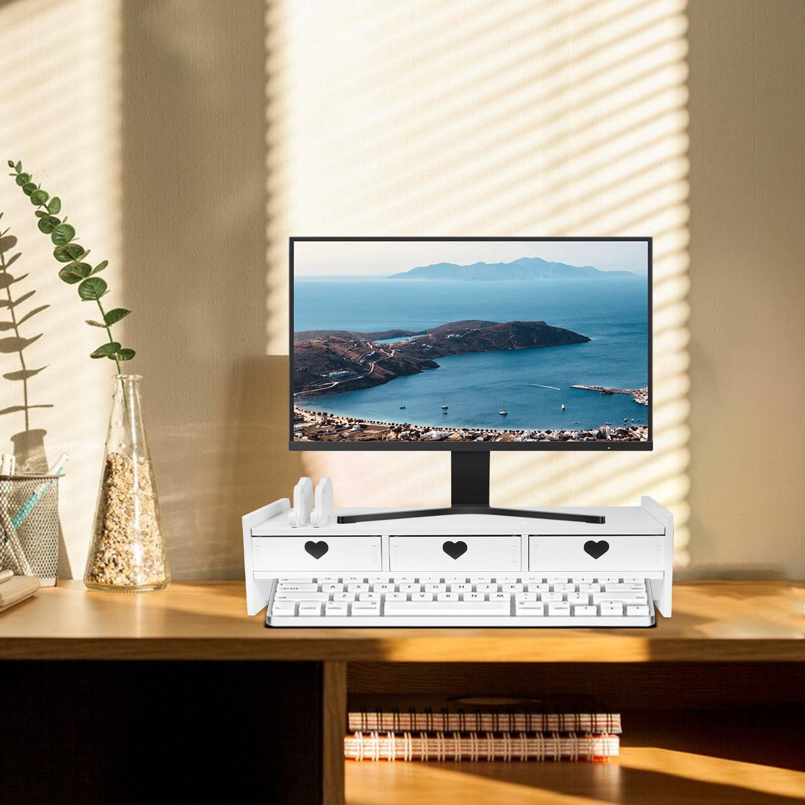 Supporto da Tavolo per Monitor Organizer e Spazio per Tastiera, Rialzo Bianco in PVC e Legno-Plastica, Adatto per Postazioni Ufficio e Smart Working