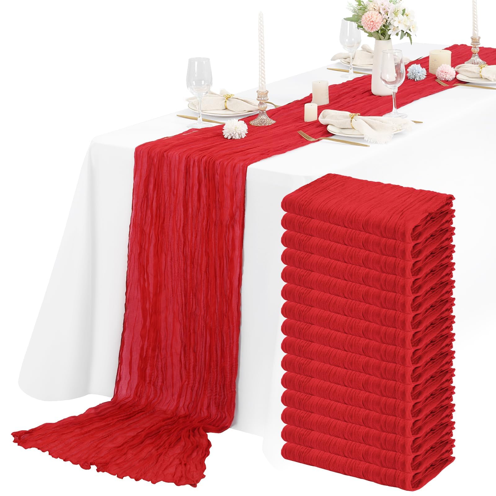 15 Packs Cheesecloth Table Runner Red Semi-Sheer Table Runner 55x300cm, Rustic Gauze Boho Table Runner, Wedding Table Decor Table Cloth for Bridal Shower Party Wedding Holiday — image 1