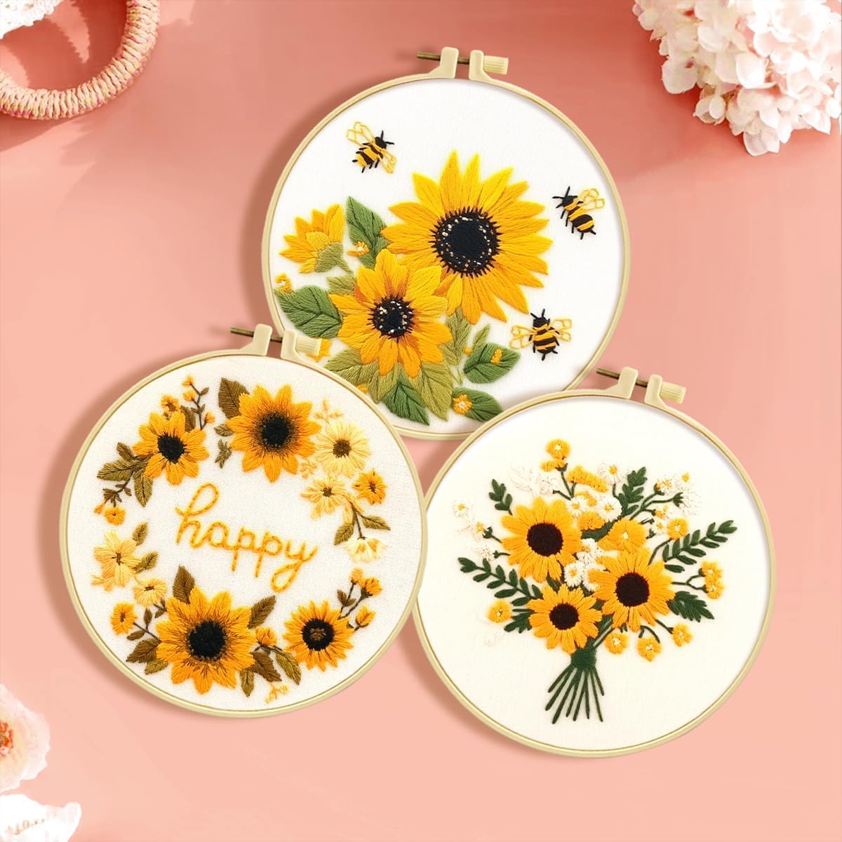 Zhenqing Cross Stitch Kit for Beginners, Flower Pattern and Butterfly Design, Stamped Embroidery Set (Flower Bee)