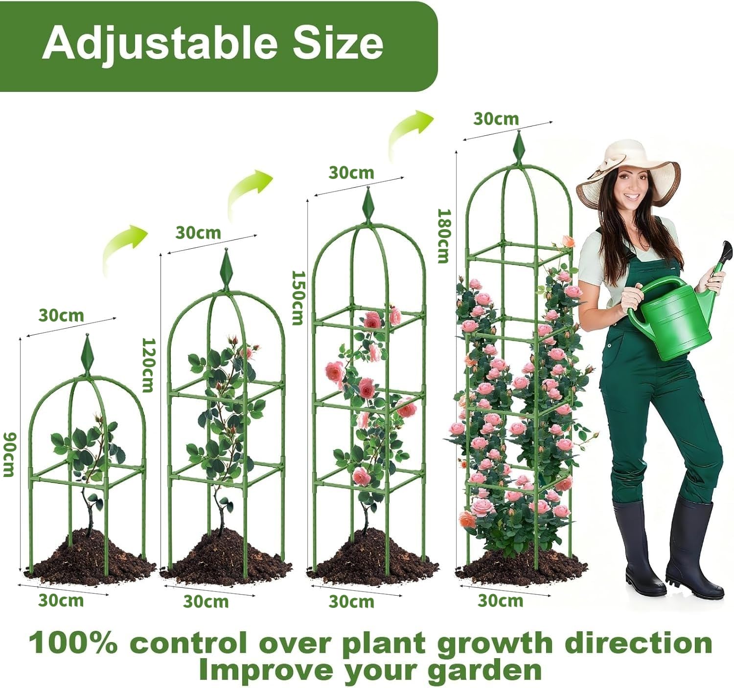 LATERN 1 Pieza Enrejado de Obelisco de Jardín para Plantas Trepadoras, 180CM Altura Soporte Metálico para Plantas con Revestimiento Antioxidante para Macetas Plantas Rosas Tomates Flores Uvas (Verde)