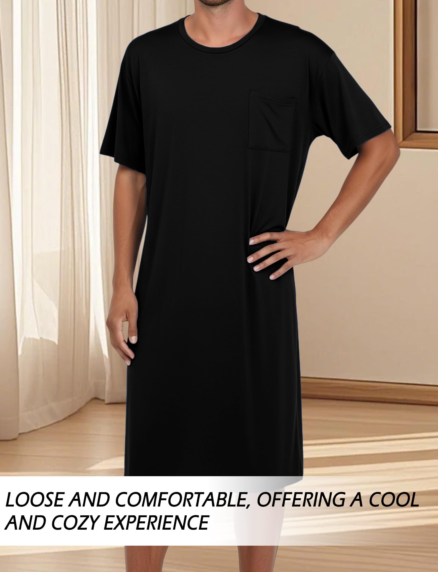 FEOYA Nachthemd Herren Kurzarm Schlafshirt Männer Einteiliger Schlafanzug Langes Pyjama Tops Nachtwäsche Sleepshirt M-XXL (Asie L-3XL)