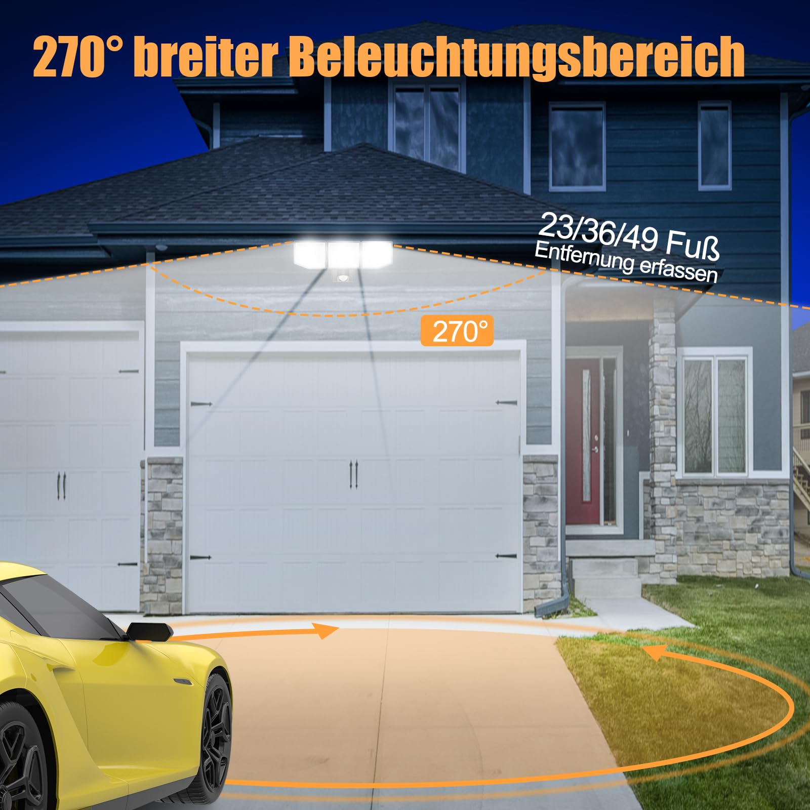 LED Strahler mit Bewegungsmelder Außen, 6000LM 38W Superhell Außenstrahler mit verstellbaren 3 Köpfe, 6500K Kaltweiß LED Scheinwerfer, IP65 Wasserdicht Aussenleuchte für Garage, Garten, Hof…