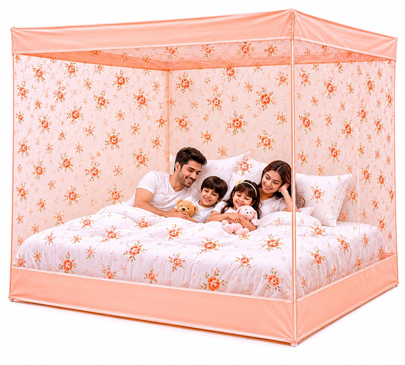 ANS Floral Mosquito Net for Bed with Cotton Border | 6.5 x 6.5 Ft Double Bed Mosquito Net | Breathable Fine Mesh | Hanging Box Type Mosquito Net for Family & Kids (Peach Floral)