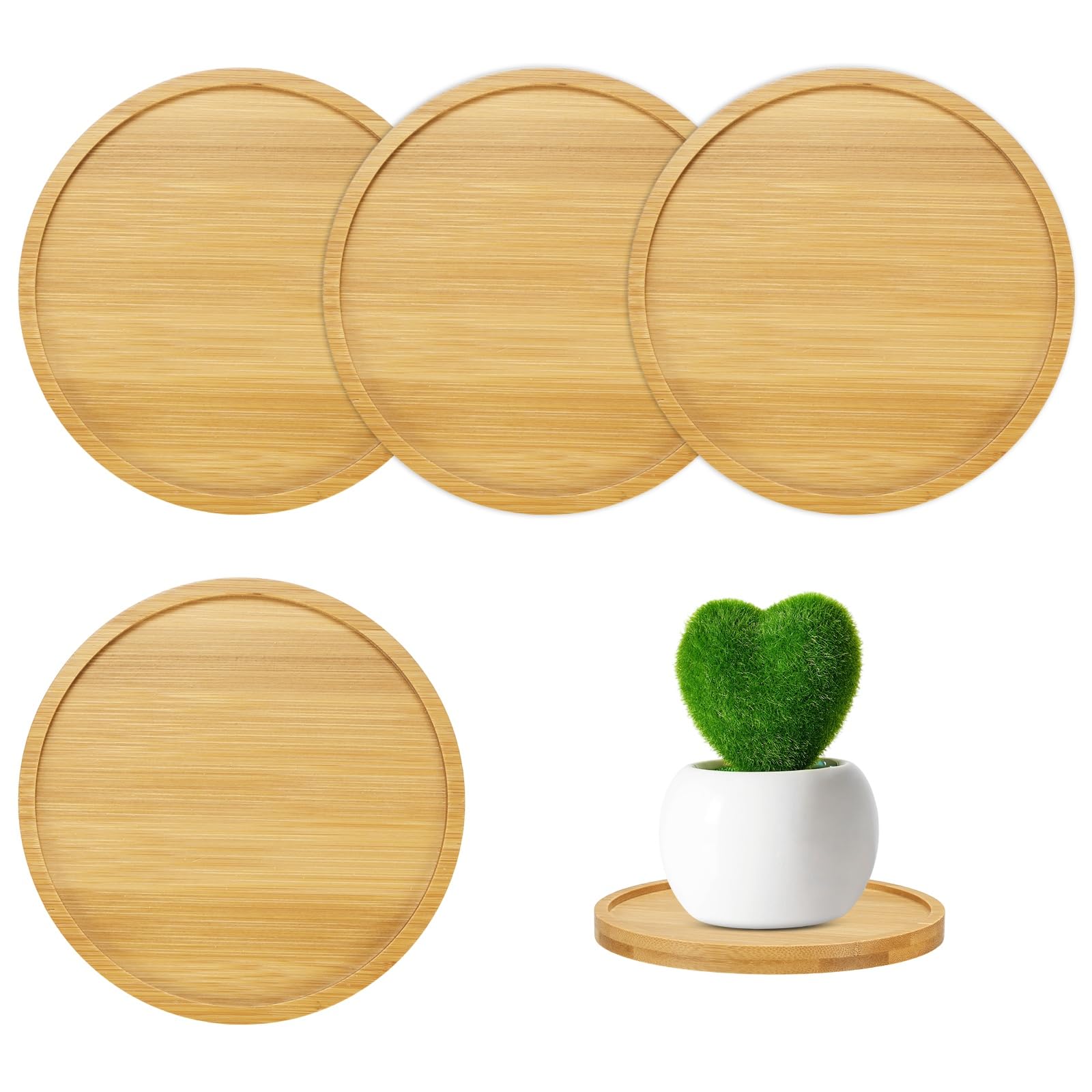 M METERXITY 4-Pack Bamboo Plant Saucer, 4.72 Inch / 12cm ID Round Flower Pot Plant Saucers for Indoor/Outdoor/Succulent, Wood Drip Tray [5.12 Inch/13cm OD]