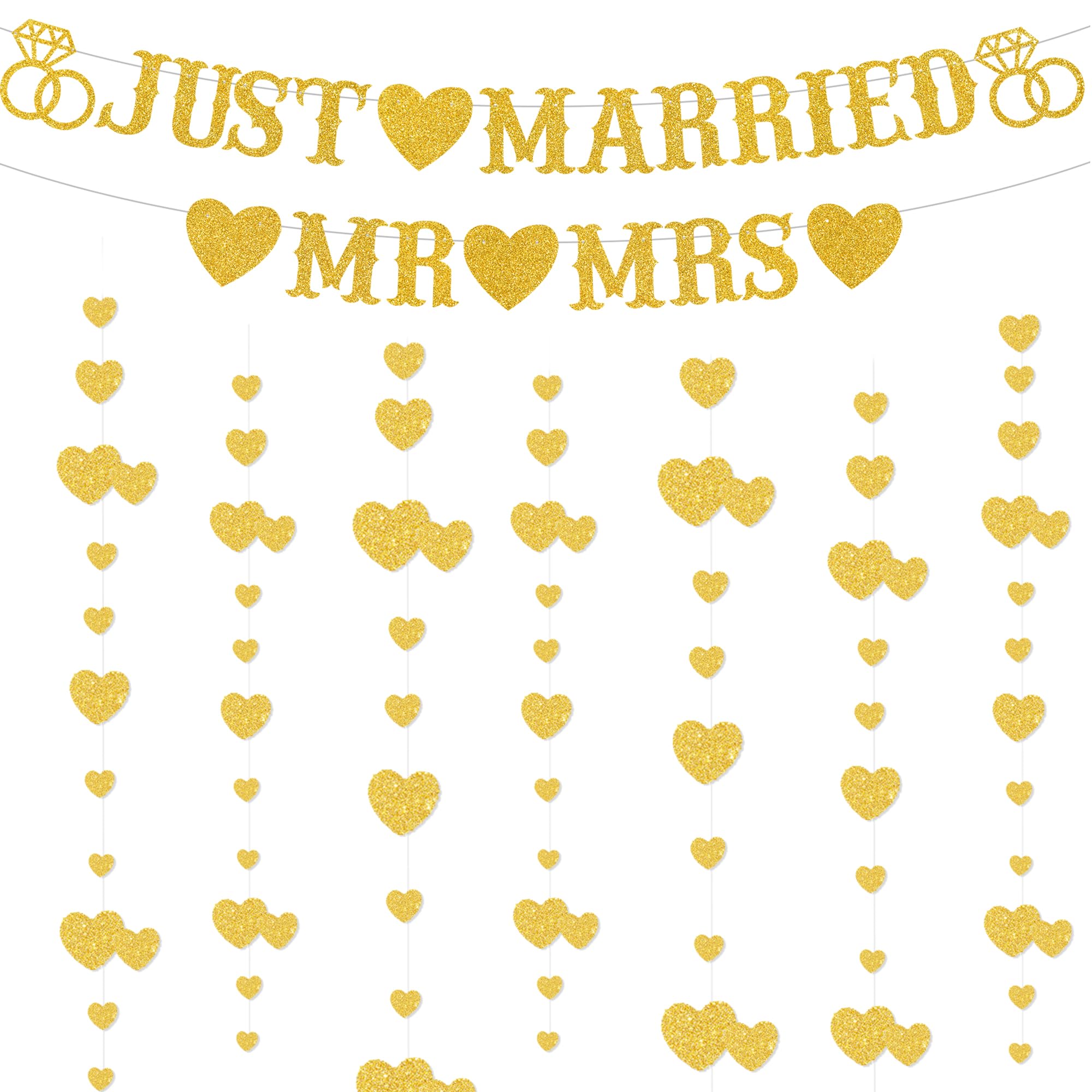 Just Married Banner Wedding Decorations - Gold Mr and Mrs Decoration Set with Heart Garland Hanging, Just Married Letter Bunting Banners for Bridal Shower Party Supplies