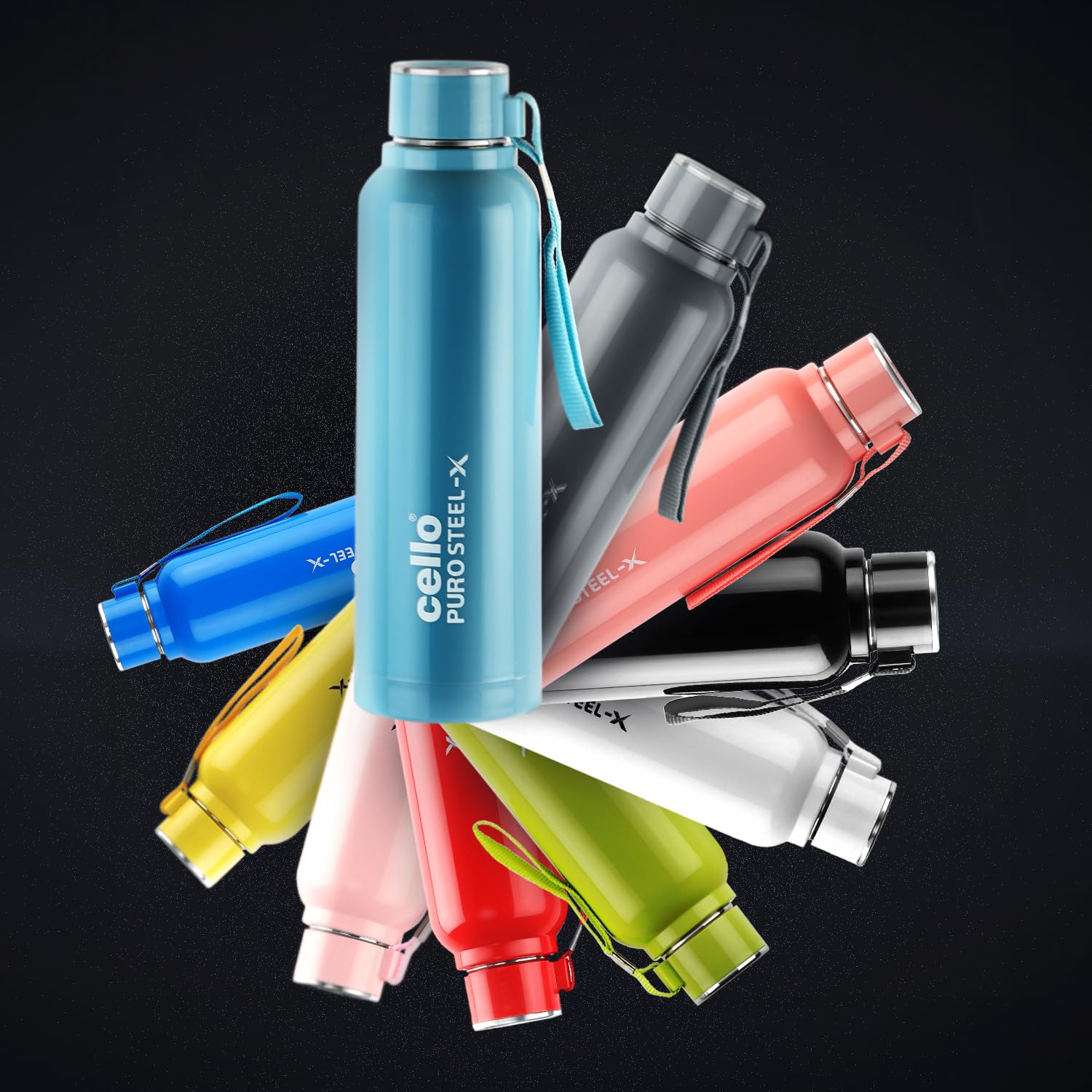 Cello Puro Steel-X Benz 900 Wasserflasche, auslaufsicher, breite Öffnung und leicht zu öffnen, isolierte innere Stahl-Außen-Kunststoff-Wasserflasche, 730 ml, Blau