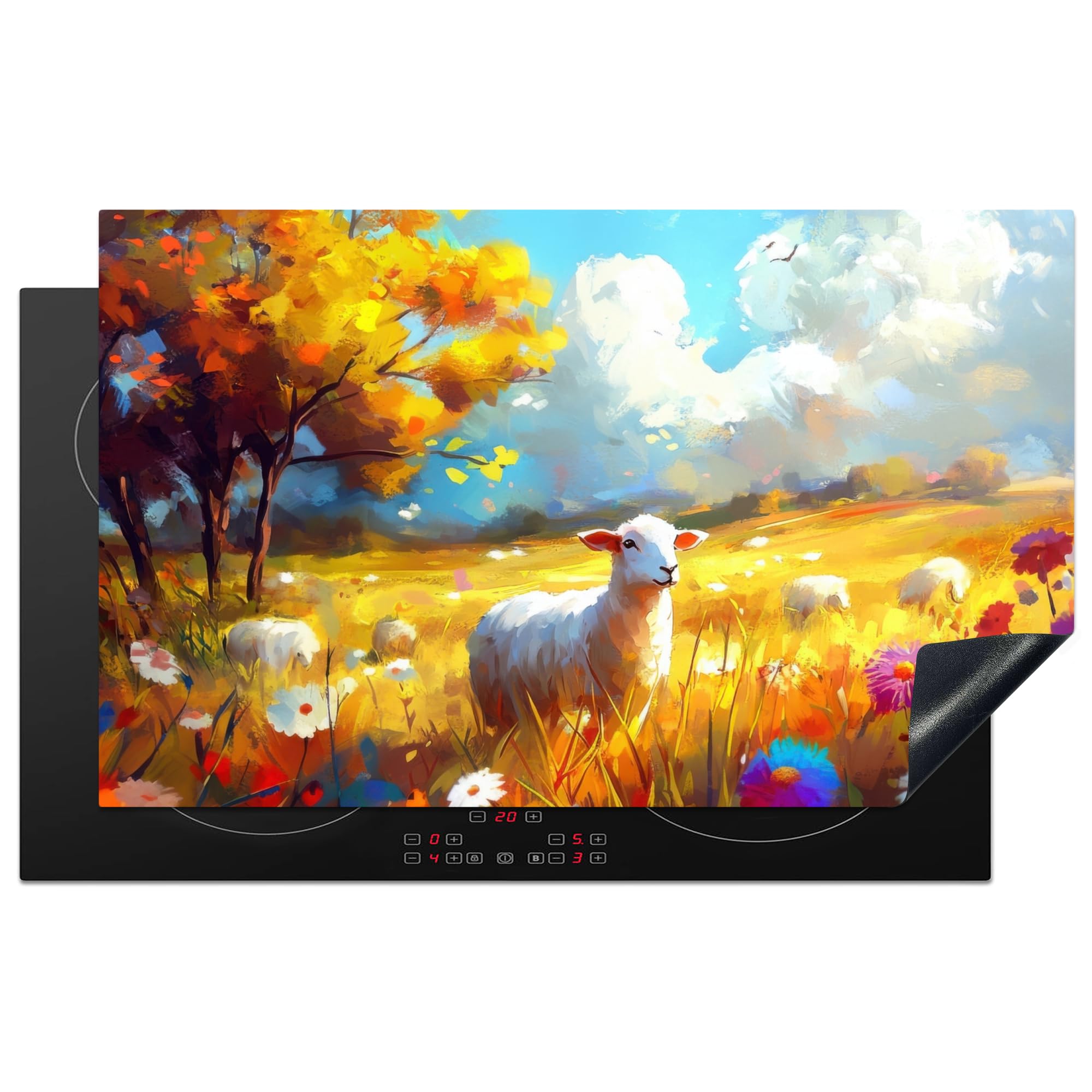 KitchenYeah© Induction Hob Protector Mat 20.5"x33.5" / 85x52 cm Cooker Top Protectors Cover Ceramic Covers Electric Hobs Vinyl Sheep - Meadow - Flowers
