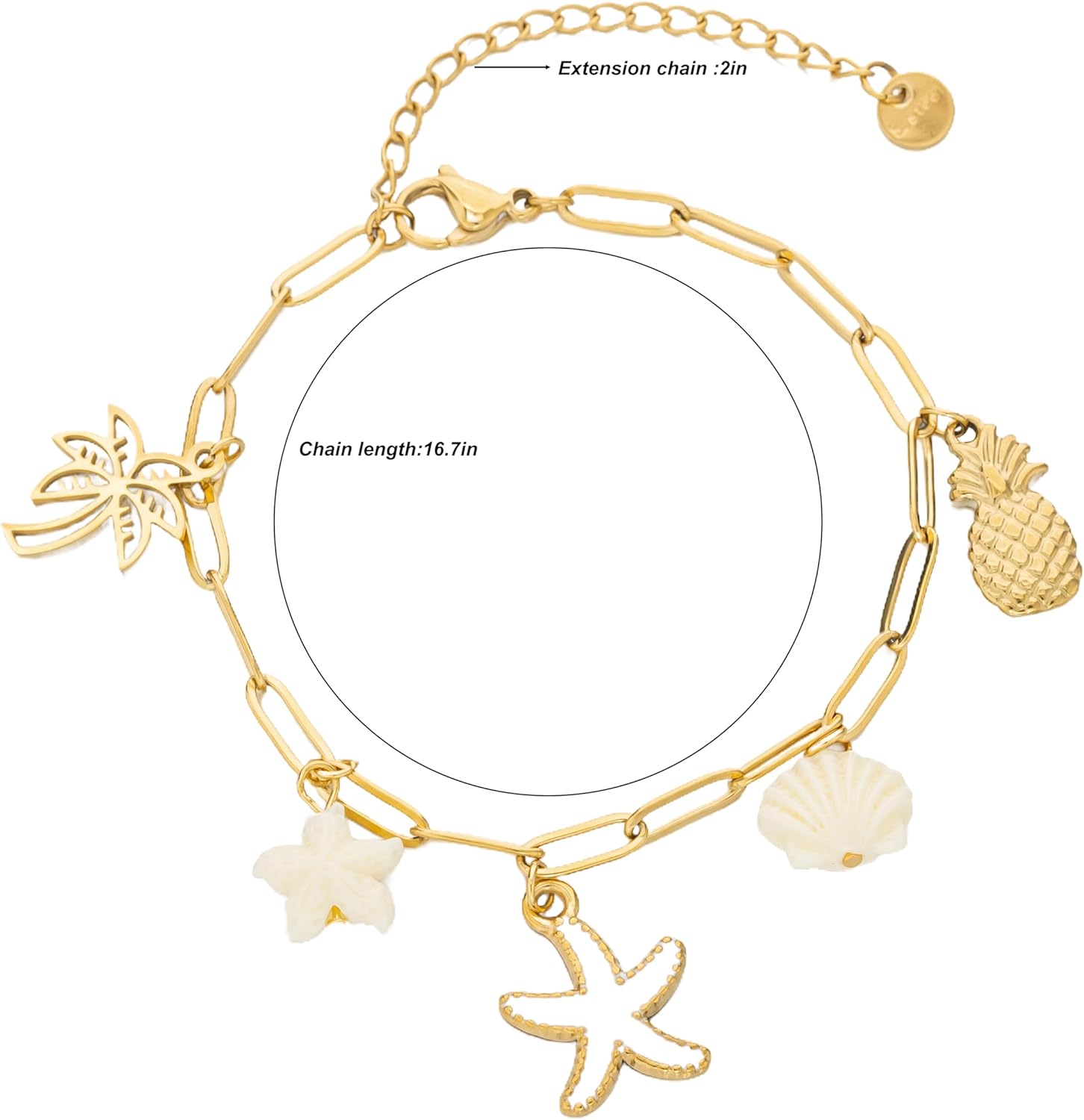 Boho Summer Starfish Sea Shells Coconut Tree Pineapple Pendant Charms Bracelet For Women, Seashore Ocean Holiday Stainless Steel Chain Surfer Jewelry Bracelet Adjustable - Image 4