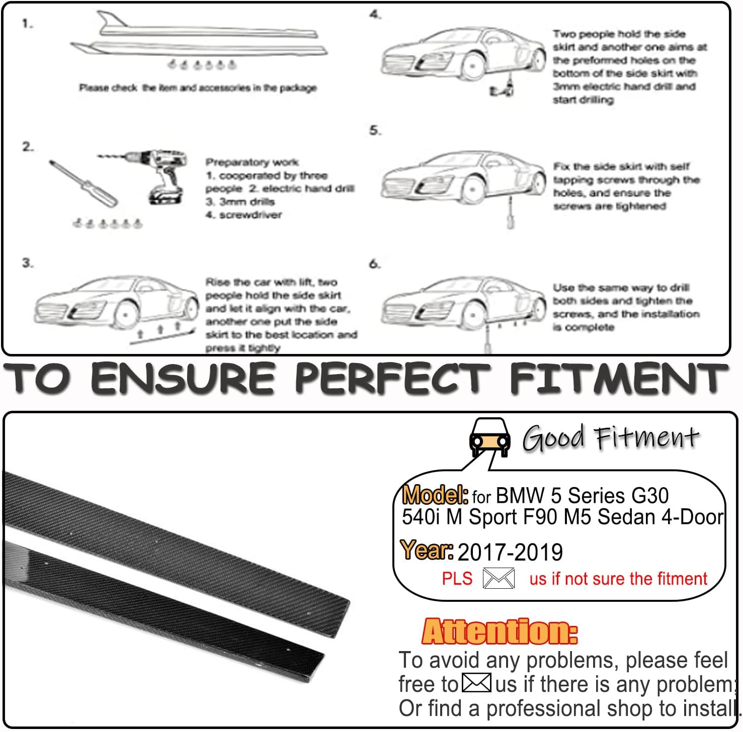 MCARCAR KIT Carbon Fiber Side Skirts for BMW 5 Series G30 540i M Sport F90 M5 2017-2019 Sedan Under Door Rocker Panels Valance Extension Lip Factory Outlet (Carbon Fiber)