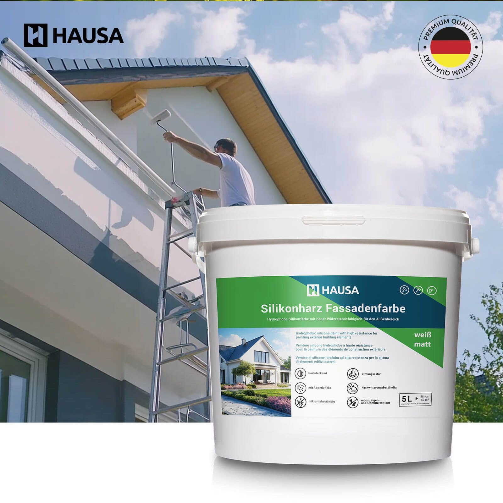 Hausa Fassadenfarbe weiß matt 5L Silikonharz Fassaden Farbe hochdeckende hydrophobe Außenfarbe mit Abperleffekt für alle Außenputze, Beton, Zement, Mauerwerk, Ziegel, witterungsbeständig atmungsaktiv