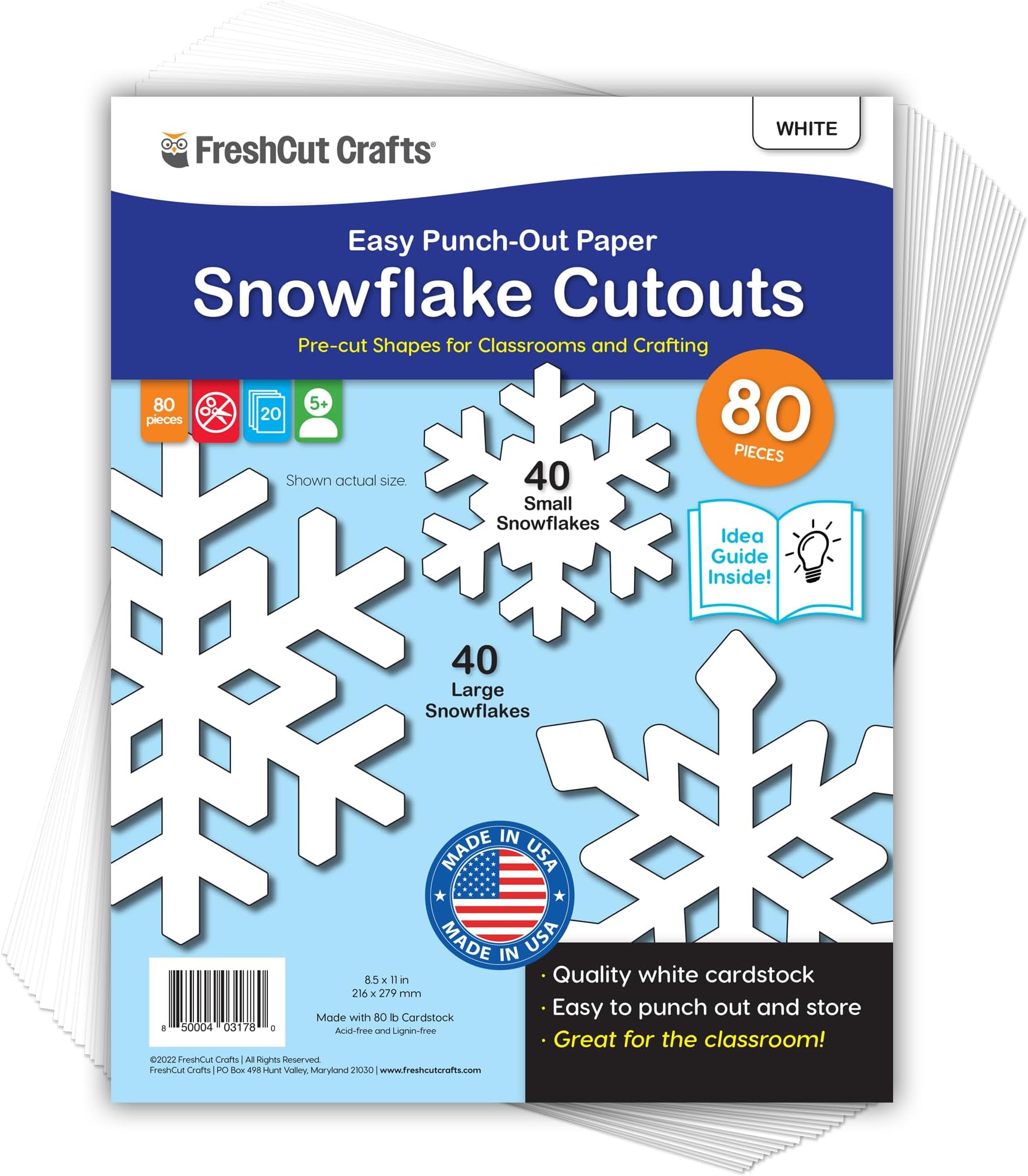 80 Pieces Snowflake Paper Cutouts with IDEA Guide, 2-Sided US Made Card Stock Punch Out White Snowflakes for Bulletin Boards, Classroom Decor - Small and Large Snowflake Decorations Winter Cutouts