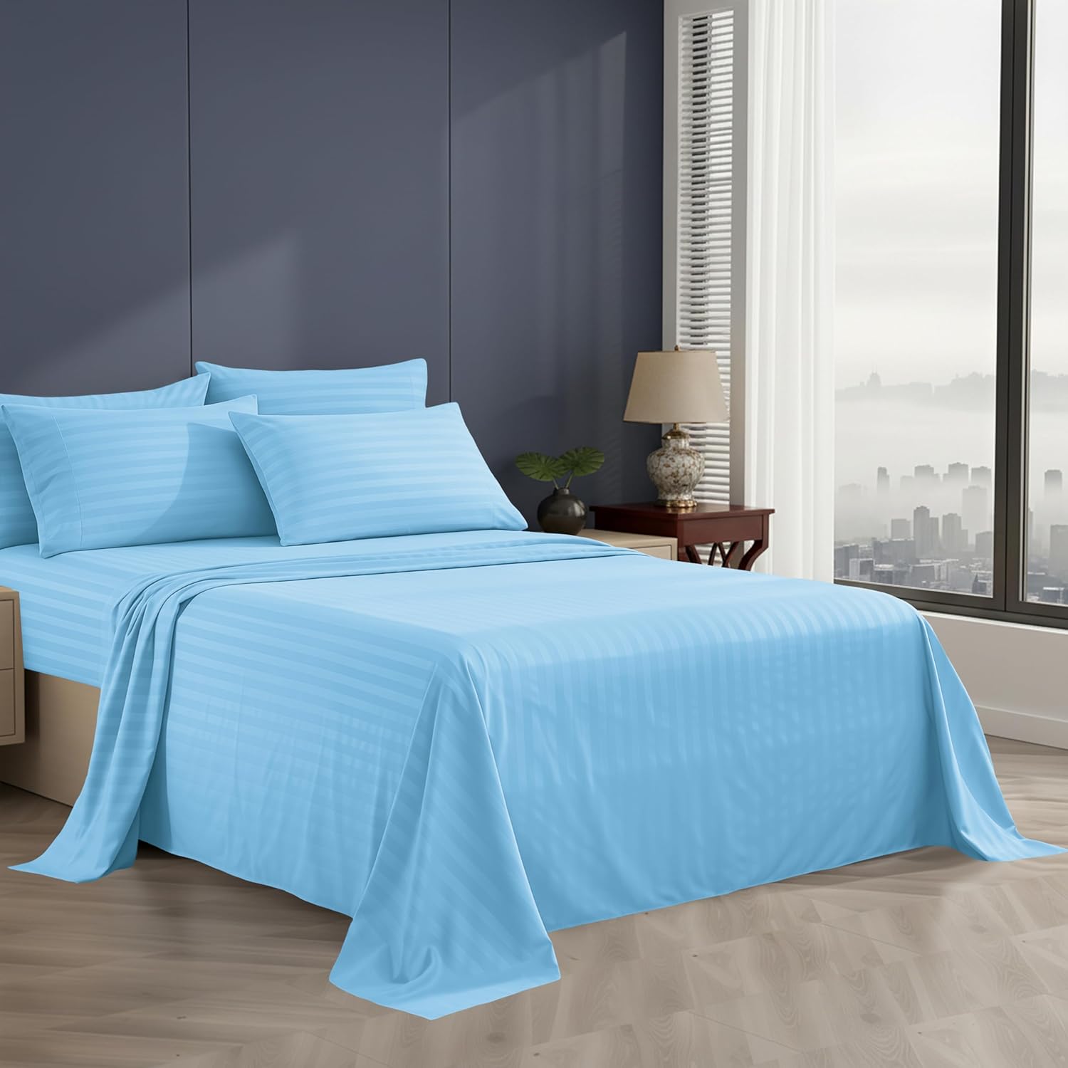 Elegant Comfort Silky-Soft 1500 Premier Hotel Quality Wrinkle-Free 4-Piece Stripe Sheet Set, King, Aqua