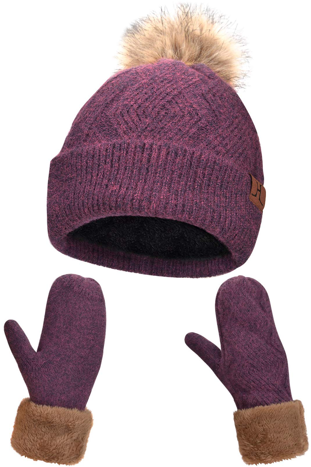 MaylisaccLadies Warm Knitted Pom Beanie and Mitten with Double Layer Fleece Lining, Thermal Winter Bobble Hats Mittens Set Women with Faux Fur for Outdoor Skiing Cycling