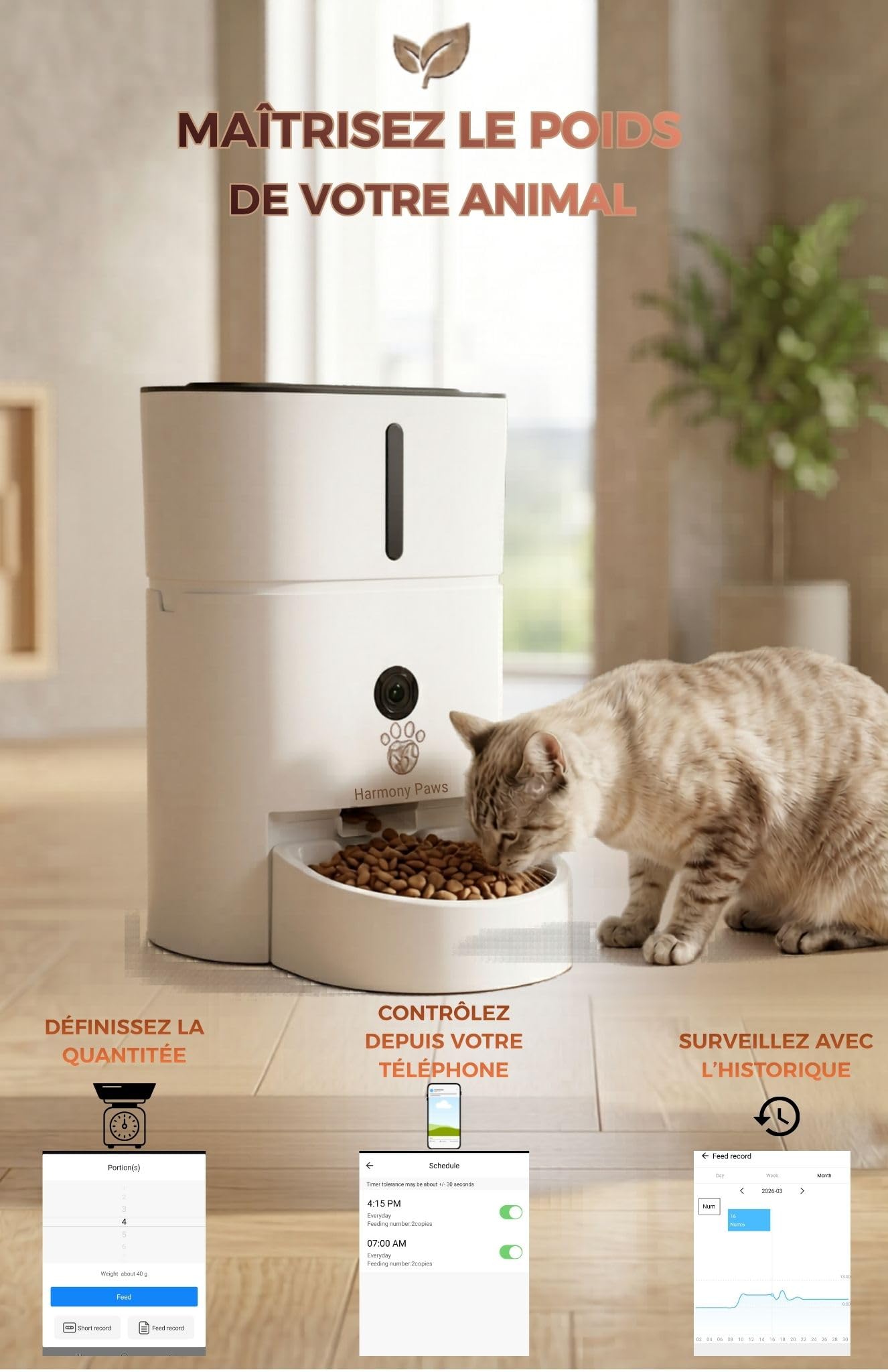 HarmonyPaws Distributeur de Croquette prenium Automatique connecté Smartlife WiFi avec caméra Haute définition à détecteur de Mouvement et Micro intégré