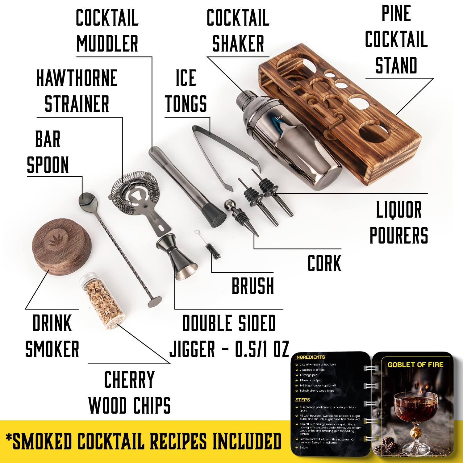 Kit de barman con soporte de pino, juego de barra con coctelera, kit de bartending con herramientas esenciales de accesorios de barra, 13 piezas, color negro