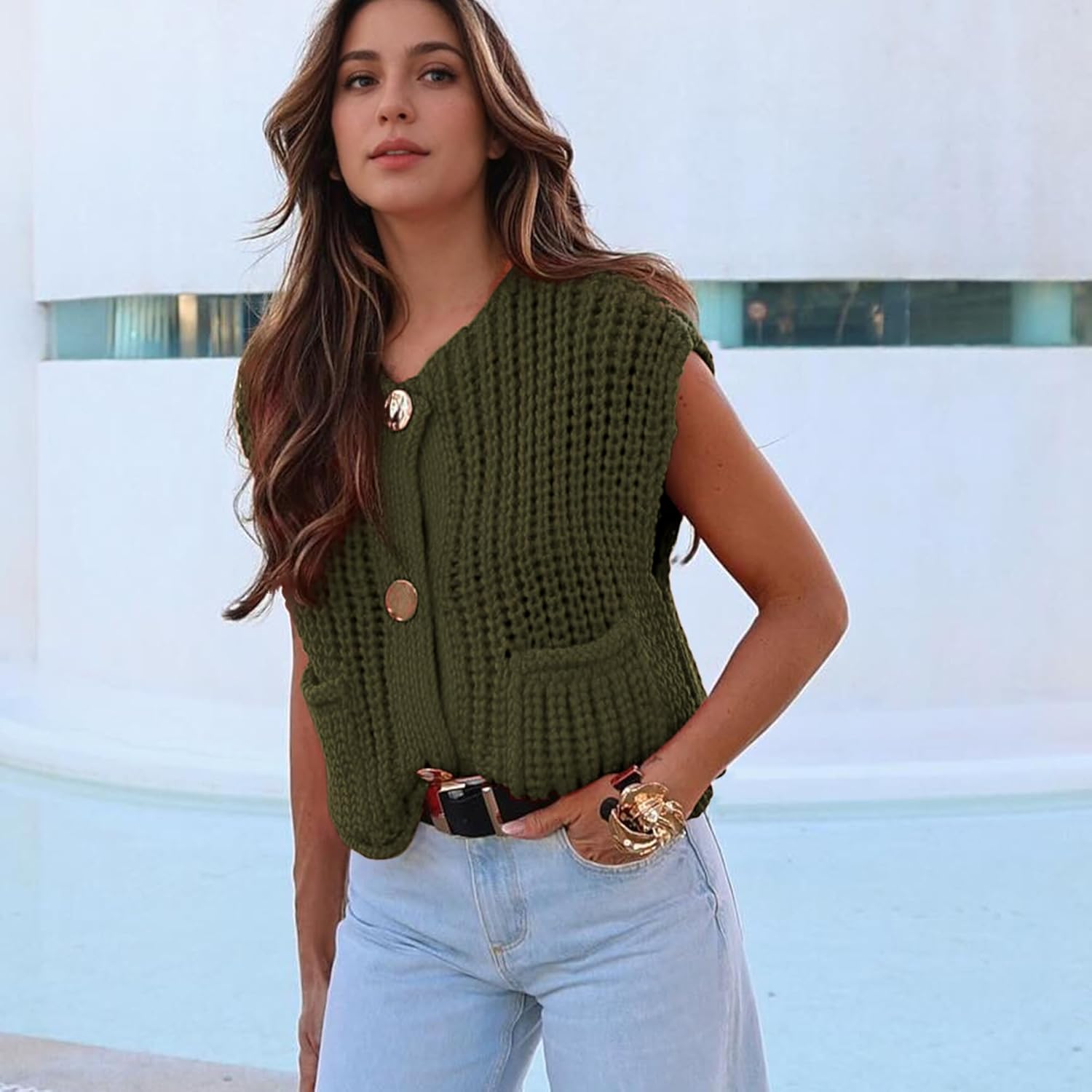 Hixiaohe Womens Crochet Chunky Knit Top Sleeveless Button Down Crop Tops Trendy Cardigan Sweater Vest for Women with Pockets - Image 5