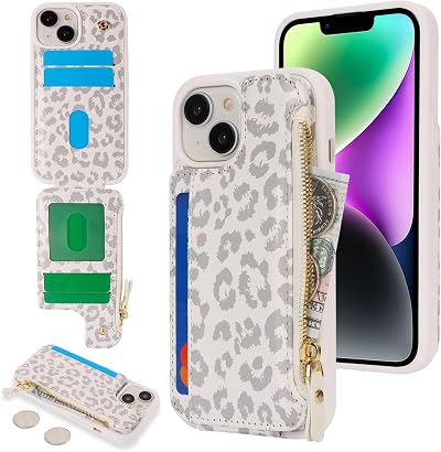 Cavor for iPhone 13 iPhone 14 Wallet Case with Card Holder, Leopard White