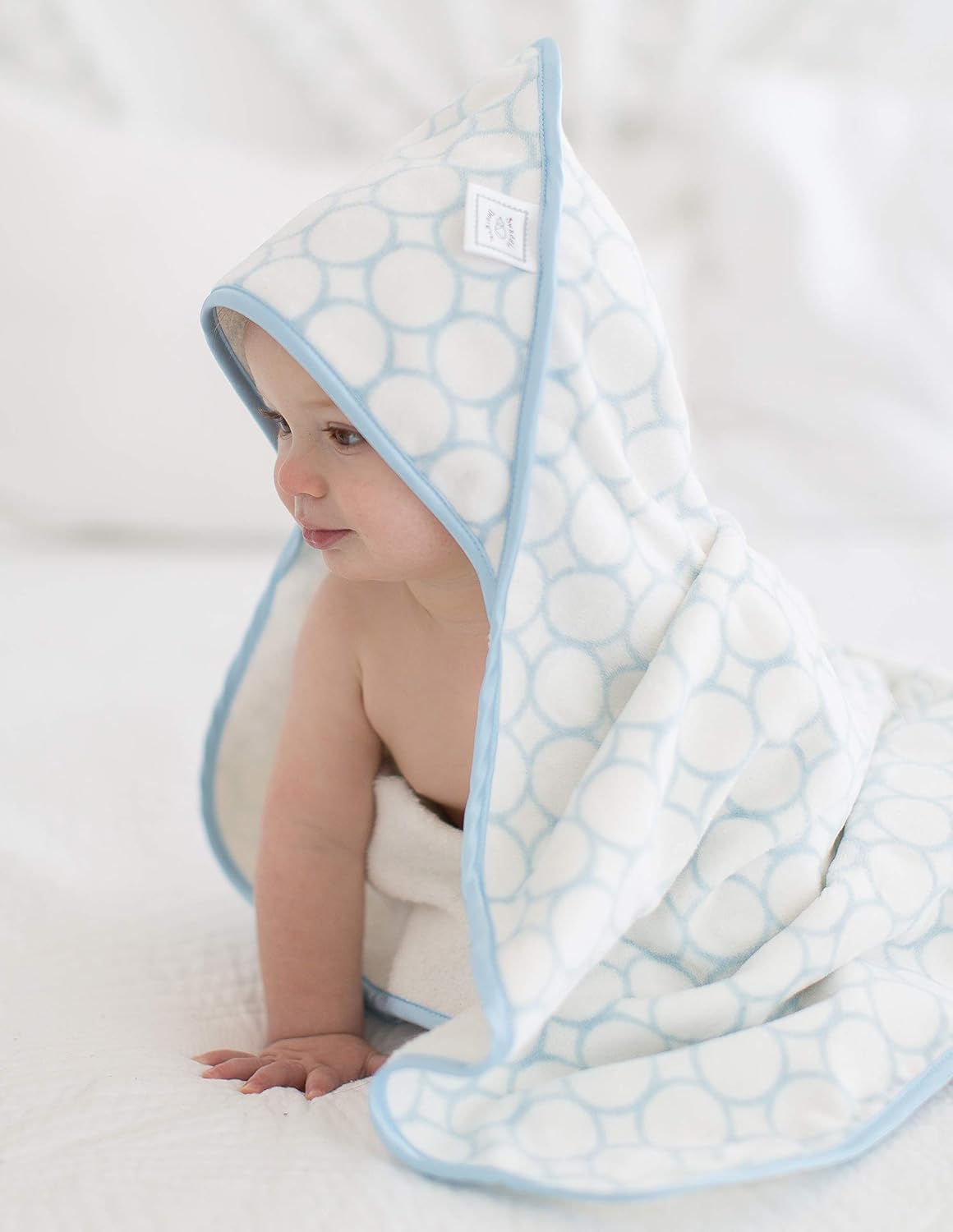 SwaddleDesigns Organic Cotton Terry Velour Hooded Towel for Baby/Toddler, Absorbent with Satin Trim, Absorbent with Satin Trim, Pastel Blue Mod Circles