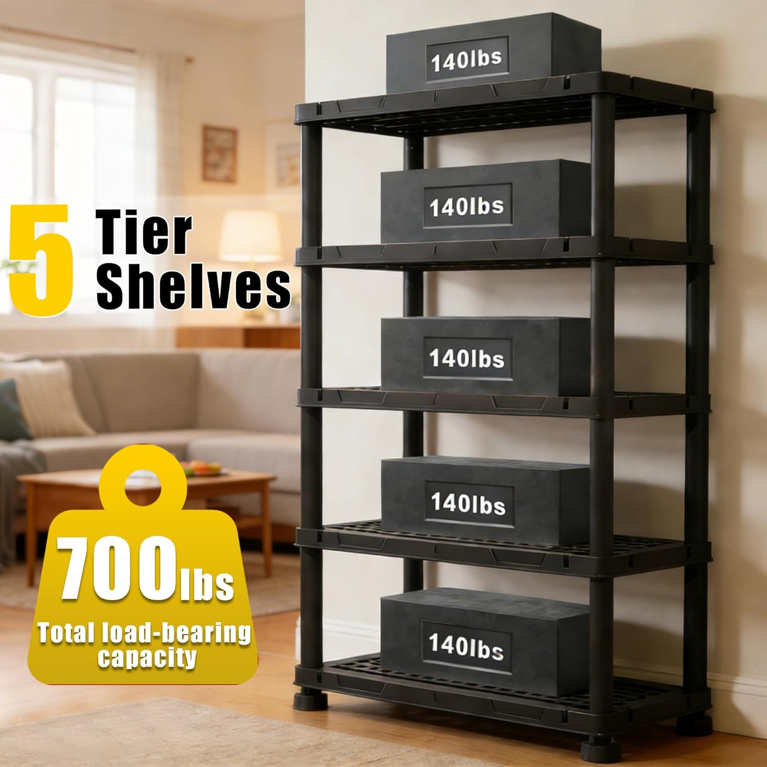 72”H Plastic Garage Storage Shelves,5-Tier Heavy Duty Plastic Shelving,700LBS Plastic Shelving Units Free Standing,for Home,Garage,Basement, Laundry,Black,16.93" Dx35.43 Wx72.44 H