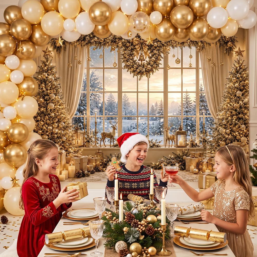 MEHOFOND Telón de fondo dorado para ventana de árbol de Navidad, 3 x 2,1 m