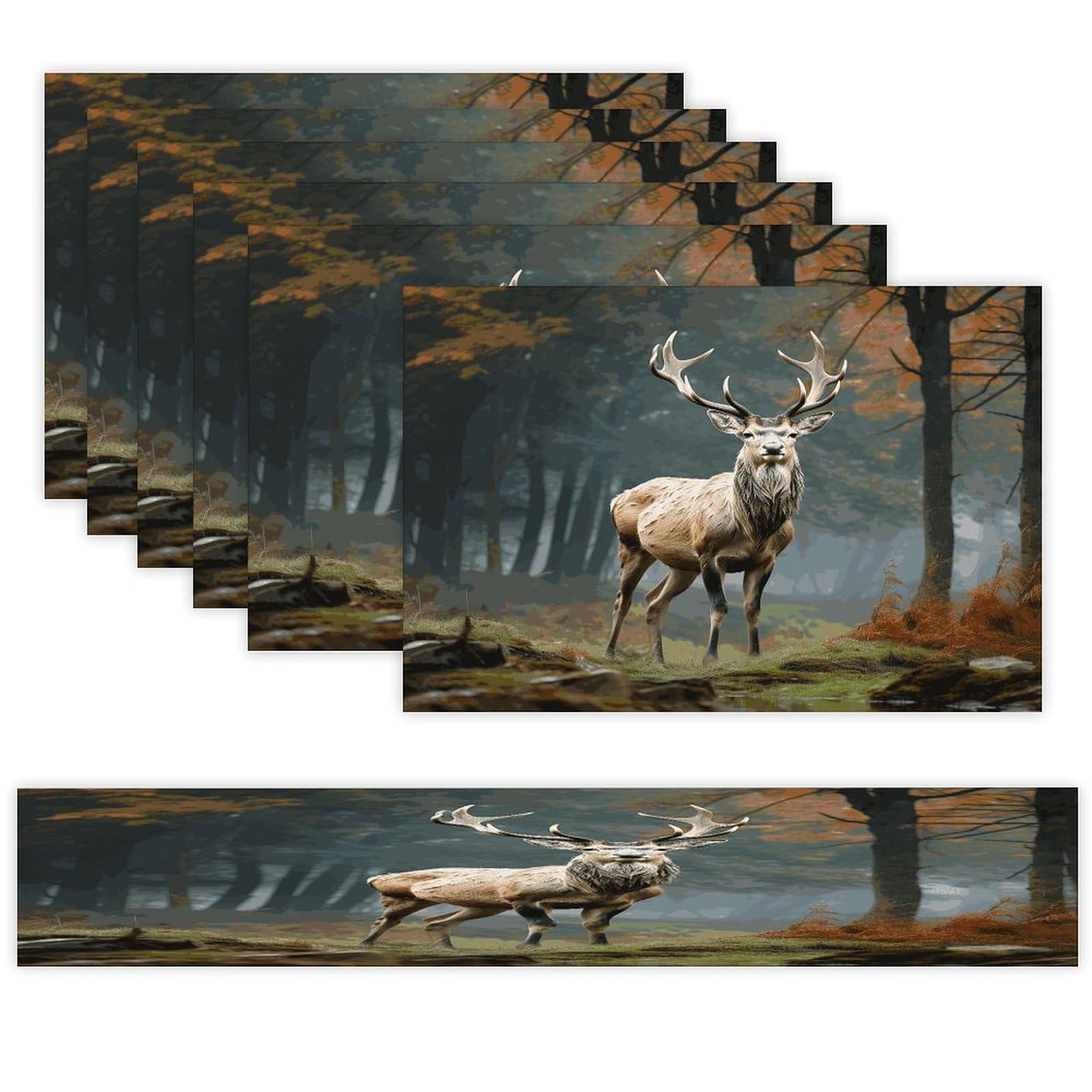 Deer Animals Table Runner and Placemats Set of 6 for Kitchen Washable Table Mats Heat Resistant Place Mats Non-Slip Place Mat Wipeable Placemat(6 Placemats+1 Table Runner)