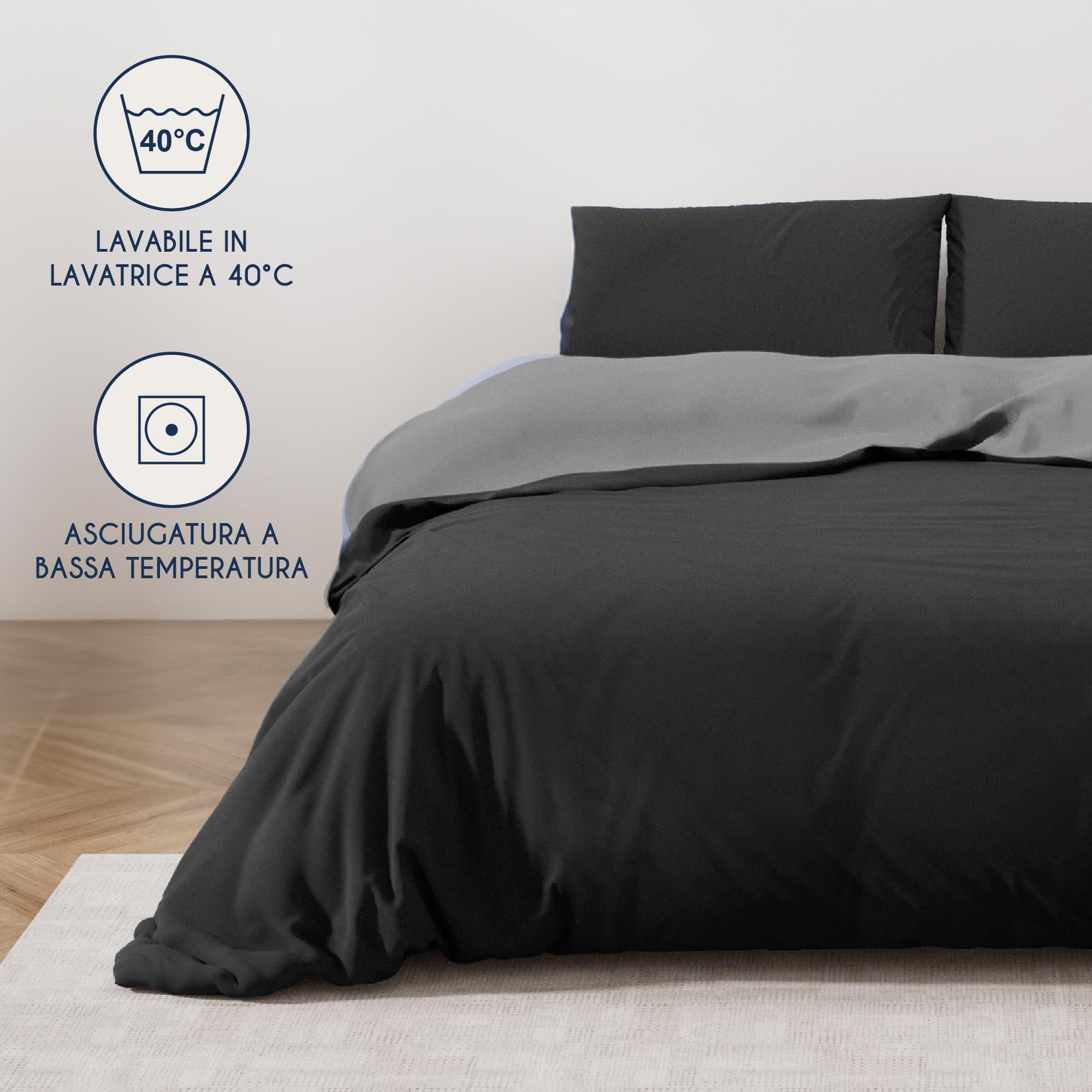 Dreamzie Copripiumino Matrimoniale 260x240 cm con 2 Federe 65x65 cm - Nero/Grigio Scuro Set Copripiumino Matrimoniale 260x240
