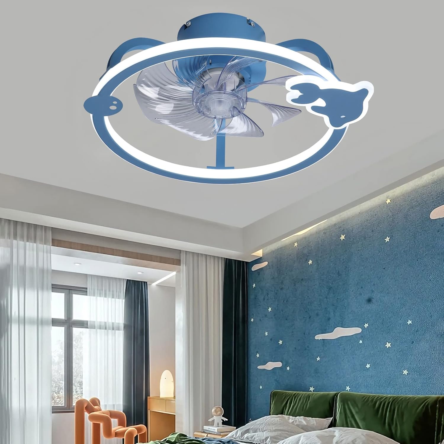 LED 85W Infantil Ventilador De Techo con Luz Y Mando Moderno Lámpara Ventilador Techo Modo Verano Invierno Regulable Silencioso Reversible DC Ventiladores De Techo para Salón Dormitorio-Blue||B