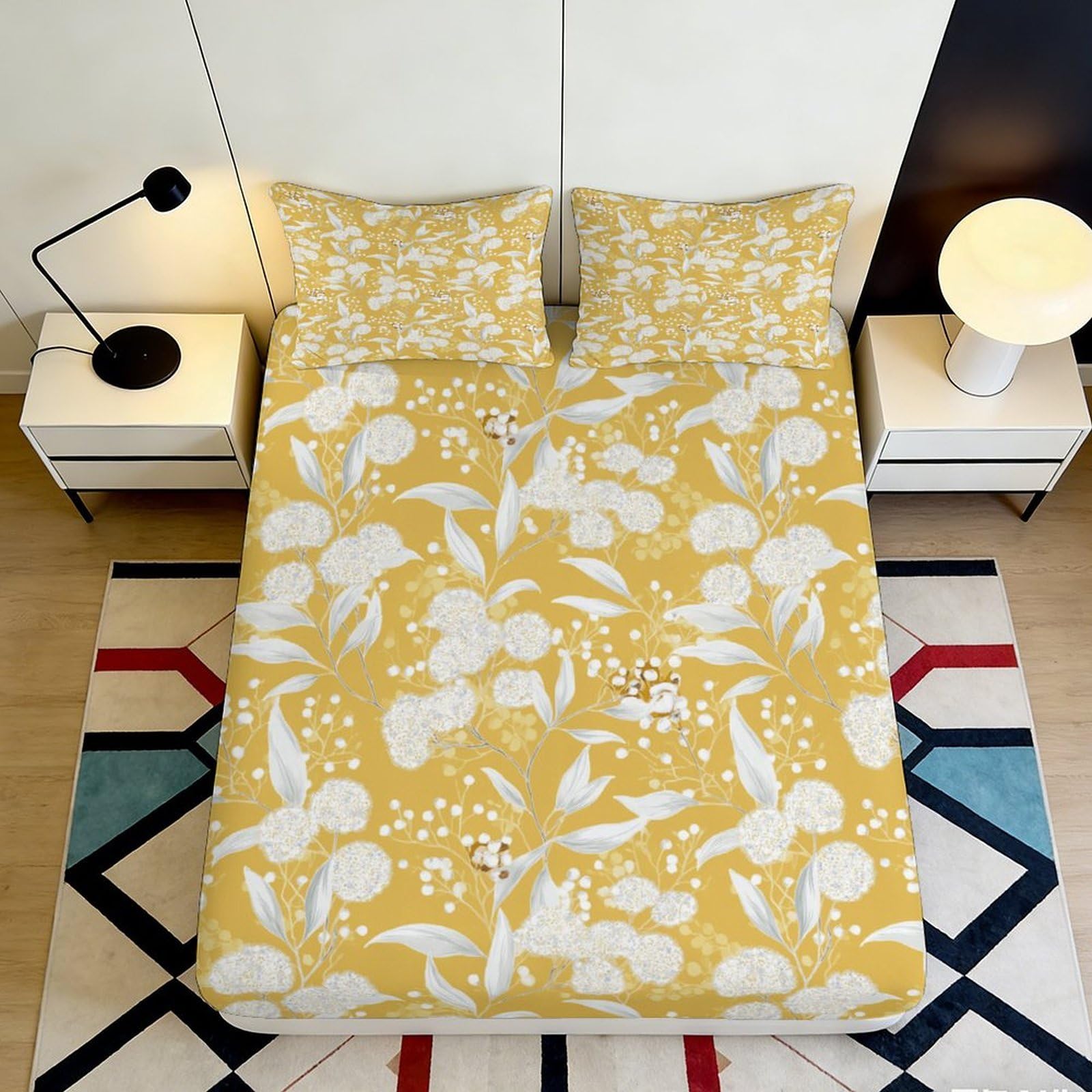 3D Printed Yellow Floral Fitted Sheet Microfiber Soft Botanical Bed Cover for Bedroom Guestroom Mattress Decor 90x200x25cm