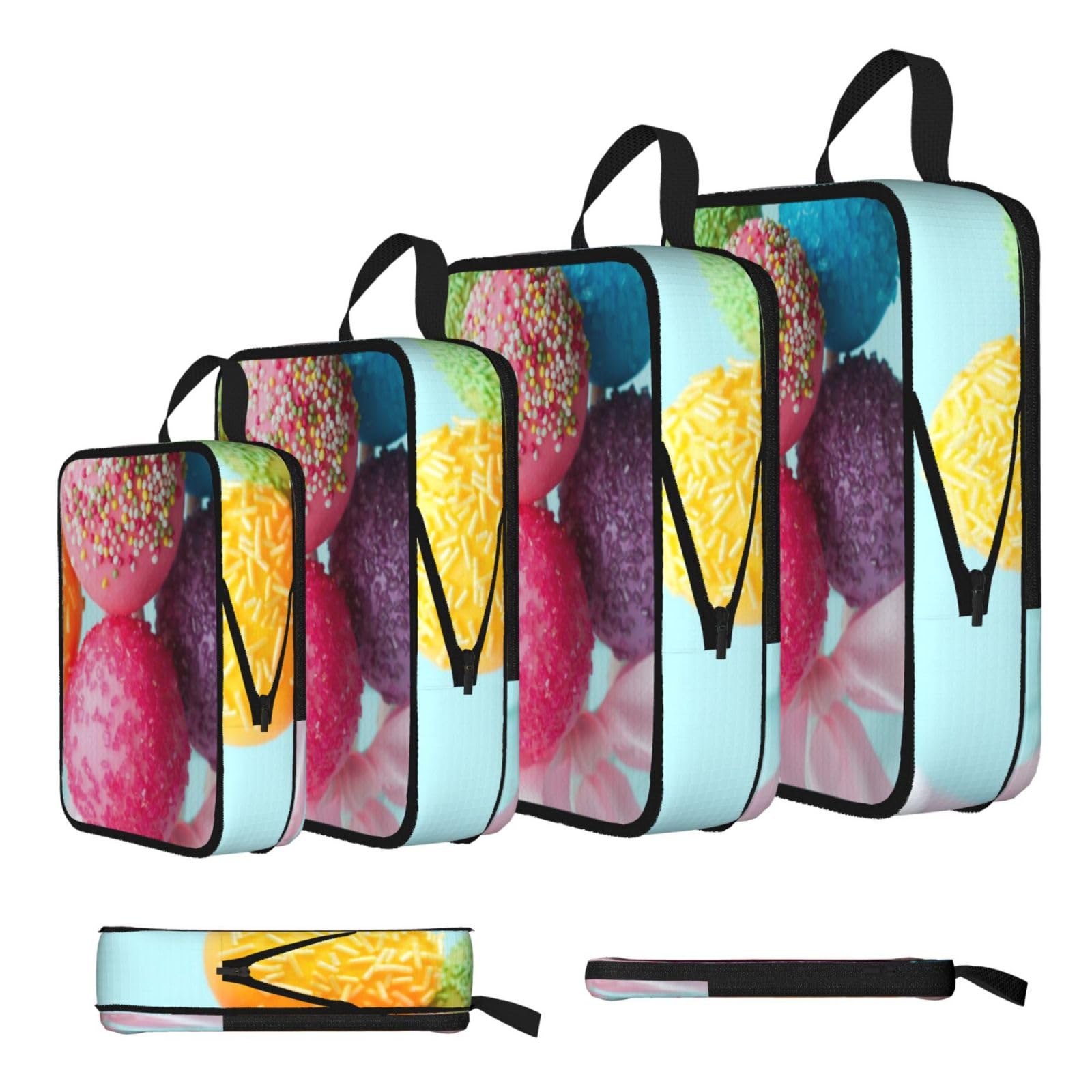 Esnaiuvcd Black Colorful Candy Print 4 Set Compression Packing Cubes For Suitcases,Expandable Storage Bags Organizers