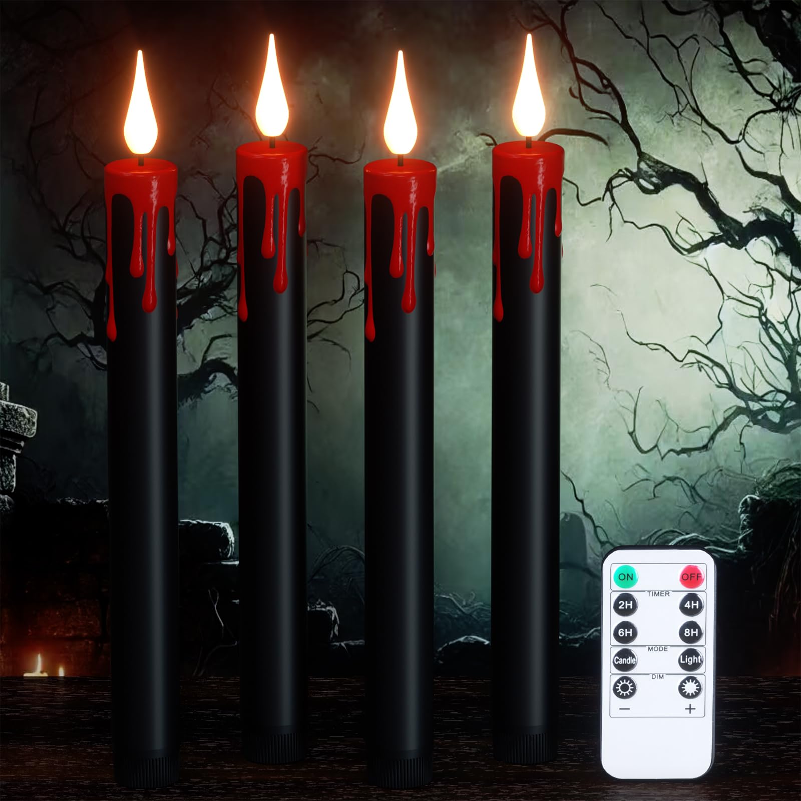 Gothic Black LED Window Candle - 10.6" Flameless Dripping Wax Taper With Timer For Halloween