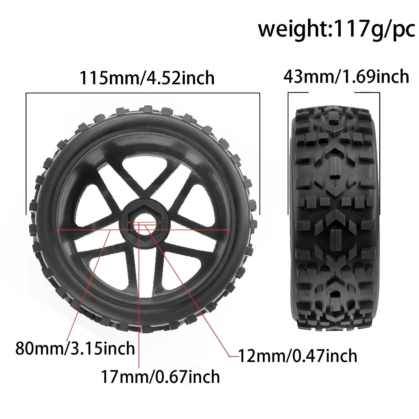 para Arrma para Typhon 3S 6S para Kyosho para Losi para Traxxas para Redcat para Buggy 1/8 4 Uds OD,72 "Ruedas Neumáticos Goma Llantas Hexagonales 17mm RC Juego NeumáTicos Ruedas RC