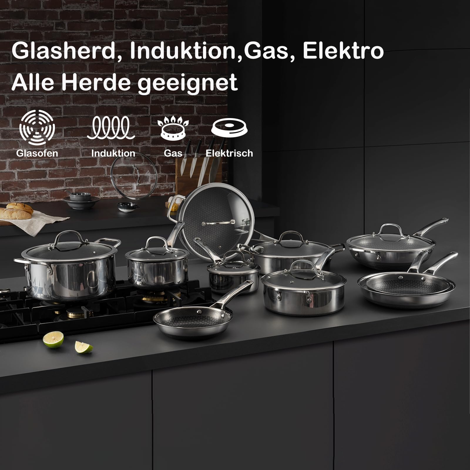 Topfset Edelstahl 10-teilig, Induktions Töpfe Set mit Antihaft, 20&24cm Bratpfanne, 1,5&2,5L Stielkasserolle, 5,8L Kochtopf, 2,8L Sautepfanne, Topfset für Alle Herdarten, Ofen & Spülmaschinengeeignet