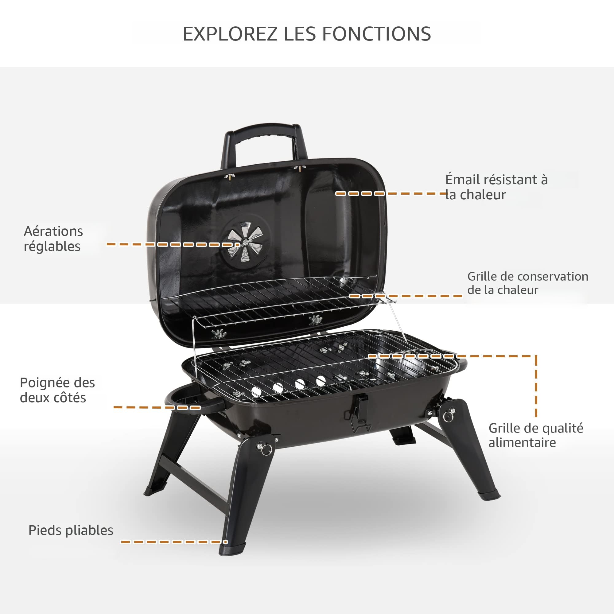 Barbecue Charbon De Bois Pliable Outsunny - Surface Cuisson 1232 Cm², Thermomètre, Grille Réglable - Camping