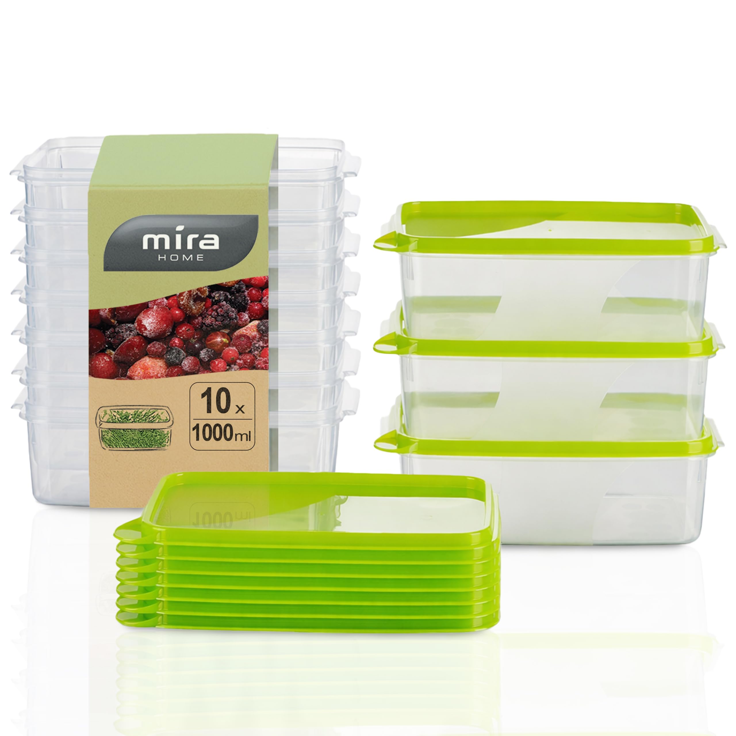 MiraHome Gefrierdosen 10x1L rechteckig grün – Vorratsdosen mit Deckel luftdicht – Transparente Frischhaltedosen mit Deckel – Aufbewahrungsbox Küche für Mealprep & Organisation – Austrian Quality