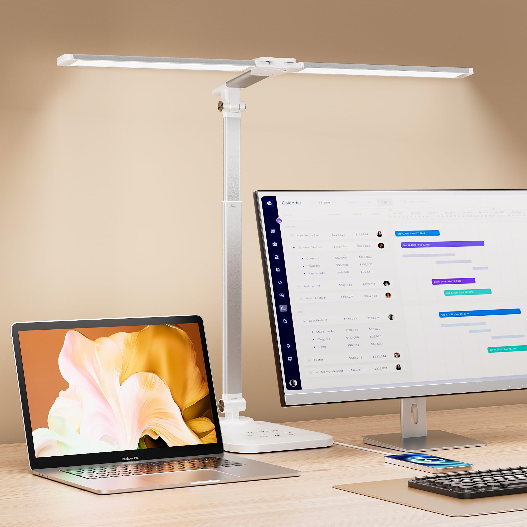 CHARYJOD Doppelkopf Schreibtischlampe LED Dimmbar, Dehnbare LED Schreibtischlampe,Schreibtisch Lampe hat 5-Farbtemperaturen und 10-Helligkeitsstufen, USB-Ladeanschluss (Silber)