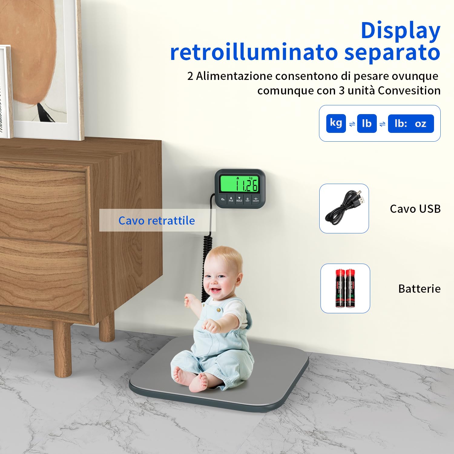 UNIWEIGH Bilancia postale digitale resistente, con piattaforma in acciaio con display LCD, grande scala per pacchi, bagagli, piccole imprese e casa, batteria inclusa