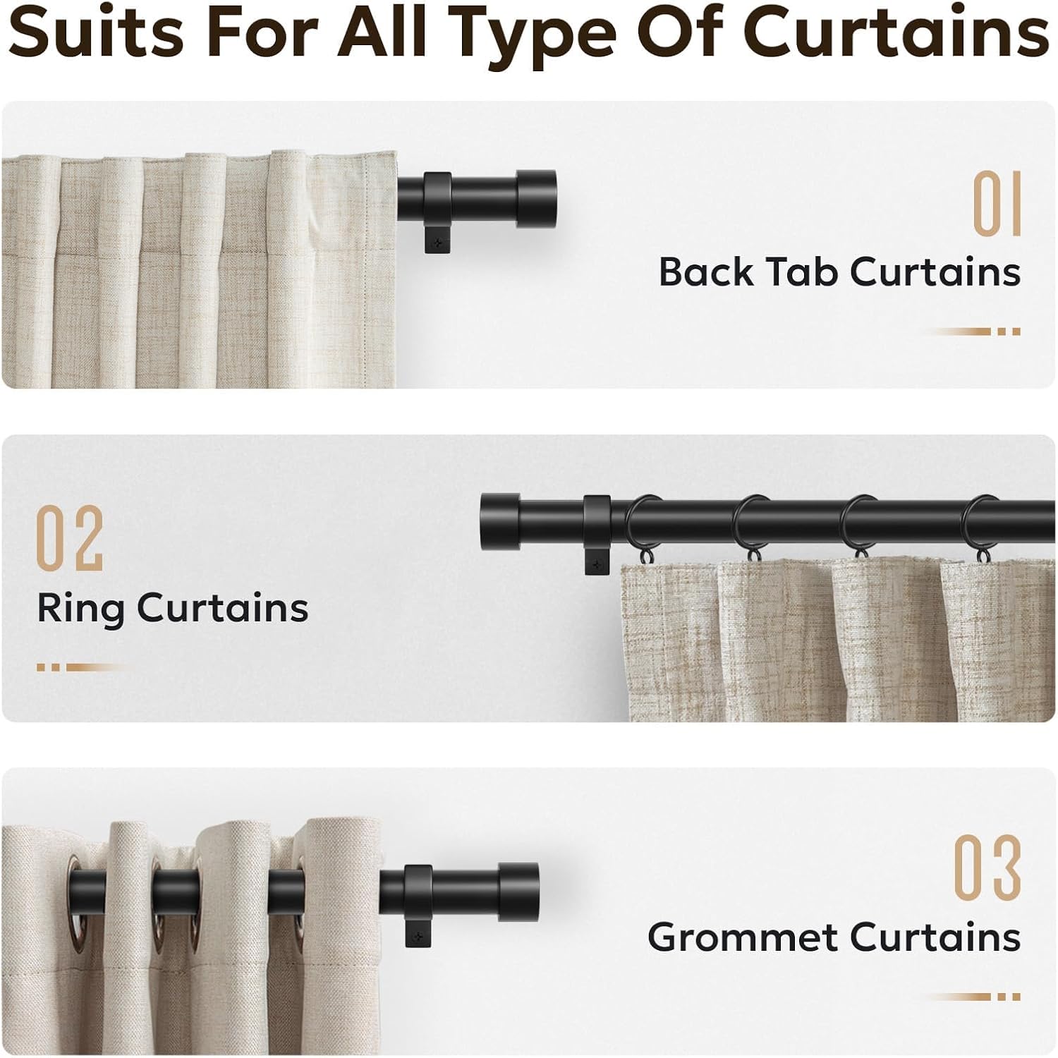 Zeerobee Curtain Rods for Windows 32 to 240, Black Curtain Rod, Adjustable 1 Inch Heavy Duty Outdoor/Indoor Modern Drapery Pole, 32"-240"