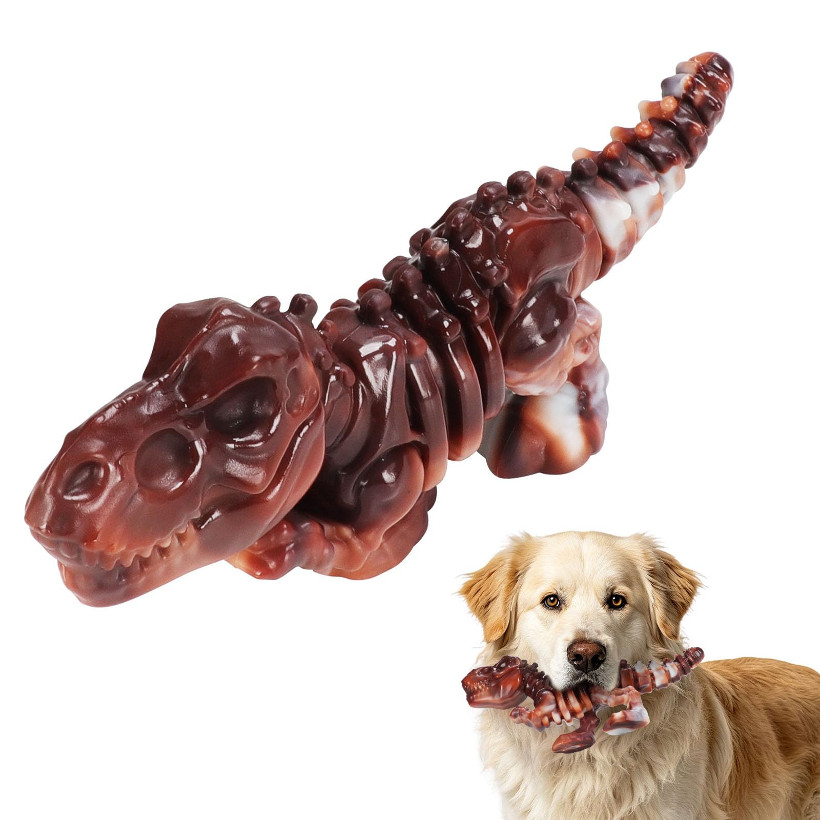 Dinosaur Skeleton Dog Chew Toy, Indestructible Nylon Toy for Aggressive Chewers, Beef Flavour Tough Dental Chew Toy for Medium Large Dogs, Extreme Durable Teething Toy for Boredom Relief，Coffee Brown