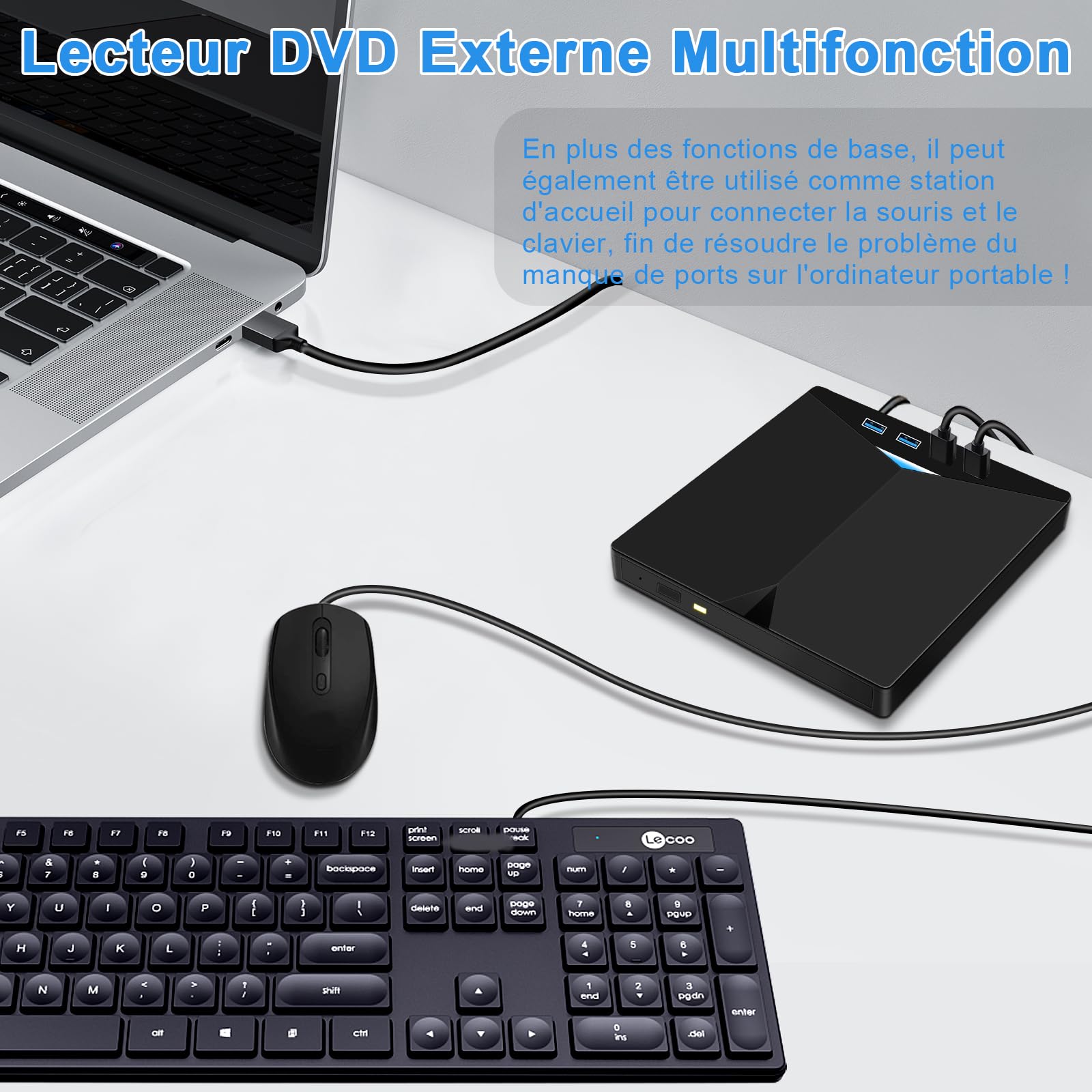 Lecteur CD/DVD Externe pour PC, Graveur DVD Externe USB 3.0 Mince Portable | Graveur Enregistreur RW/ROM Drive Transmission Rapide Câble USB Intégrée pour Windows 7/8/10/11,Vista,Linux,Laptop,Desktop