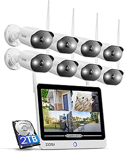 ZOSI 8CH 2K Wi-Fi 6 Security Camera System with 12" LCD Monitor,8pcs 3MP Home Plug-in WiFi Cameras Outdoor,AI Person Detection,Spotlight Color Night Vision,2-Way Audio,2TB HDD for 24/7 Recording asin的图片