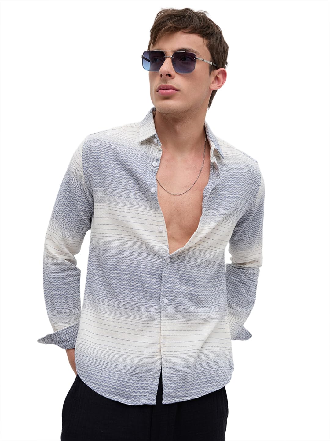 White & Blue Jacquard Wave Pattern Striped Shirt-image-1