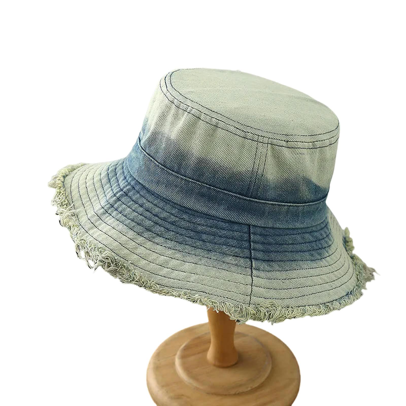 Kapelusz typu bucket Gradient Distressed Denim Hat, Outdoor Travel Fisherman Style With Frayed Edge