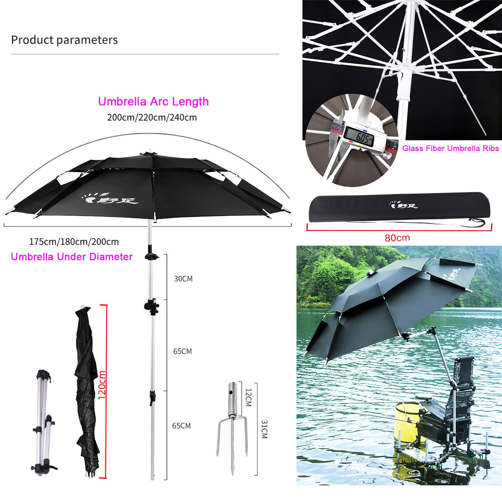 Paraguas portátil grande para pesca, parasol de aleación de aluminio, negro, protección solar e impermeable, ventilación de doble capa, mástil ajustable plegable, para jardín y playa al aire libre.