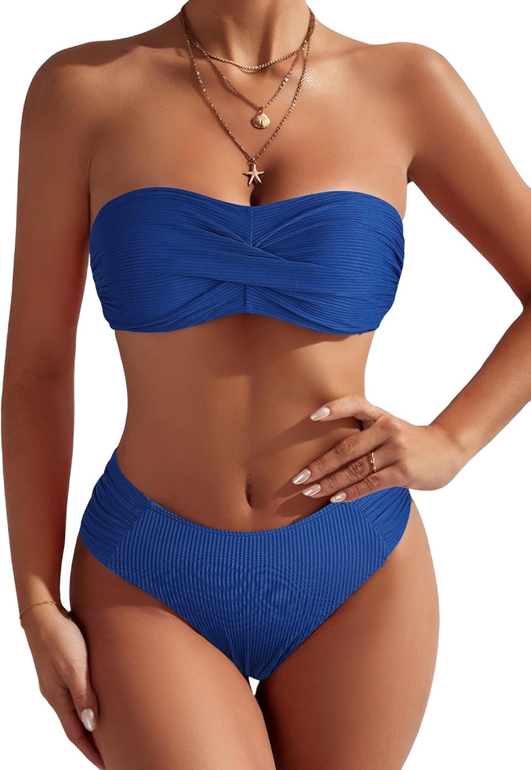 Size S ZAFUL Women's Strapless Twist Bandeau Bikini 2 Piece Swimwear Cheeky Solid Lace up Bathing Suits