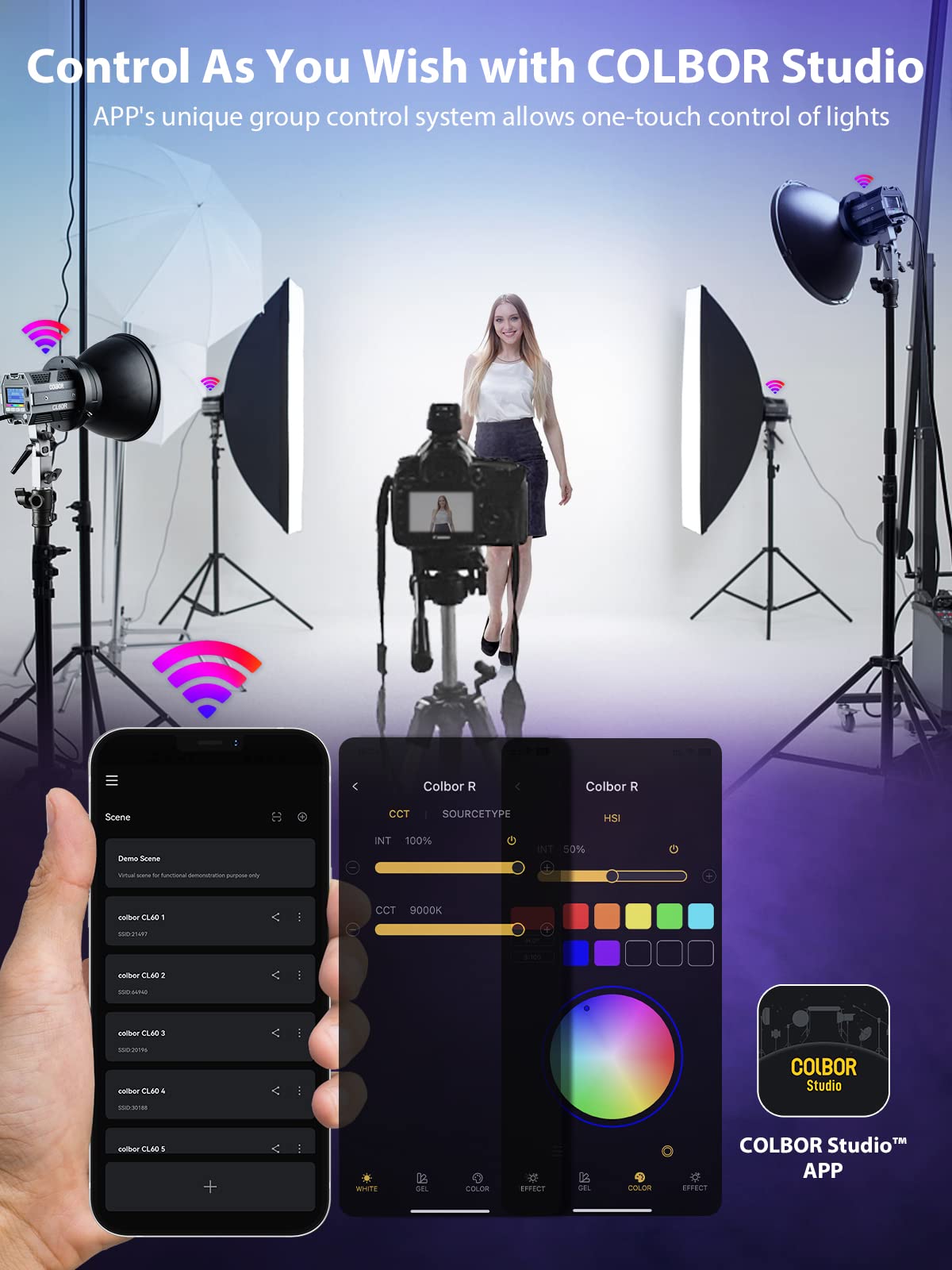 Lampe Vidéo, COLBOR CL60R RGB COB Video Light 65W 2700K-6500K LED Continue Lumière TLCT97+ CRI97+ 13 Effets d'Éclairage avec Contrôle APP Bowens Mount pour Photographie, Lumière-Vidéo-RGB-LED-Lampe
