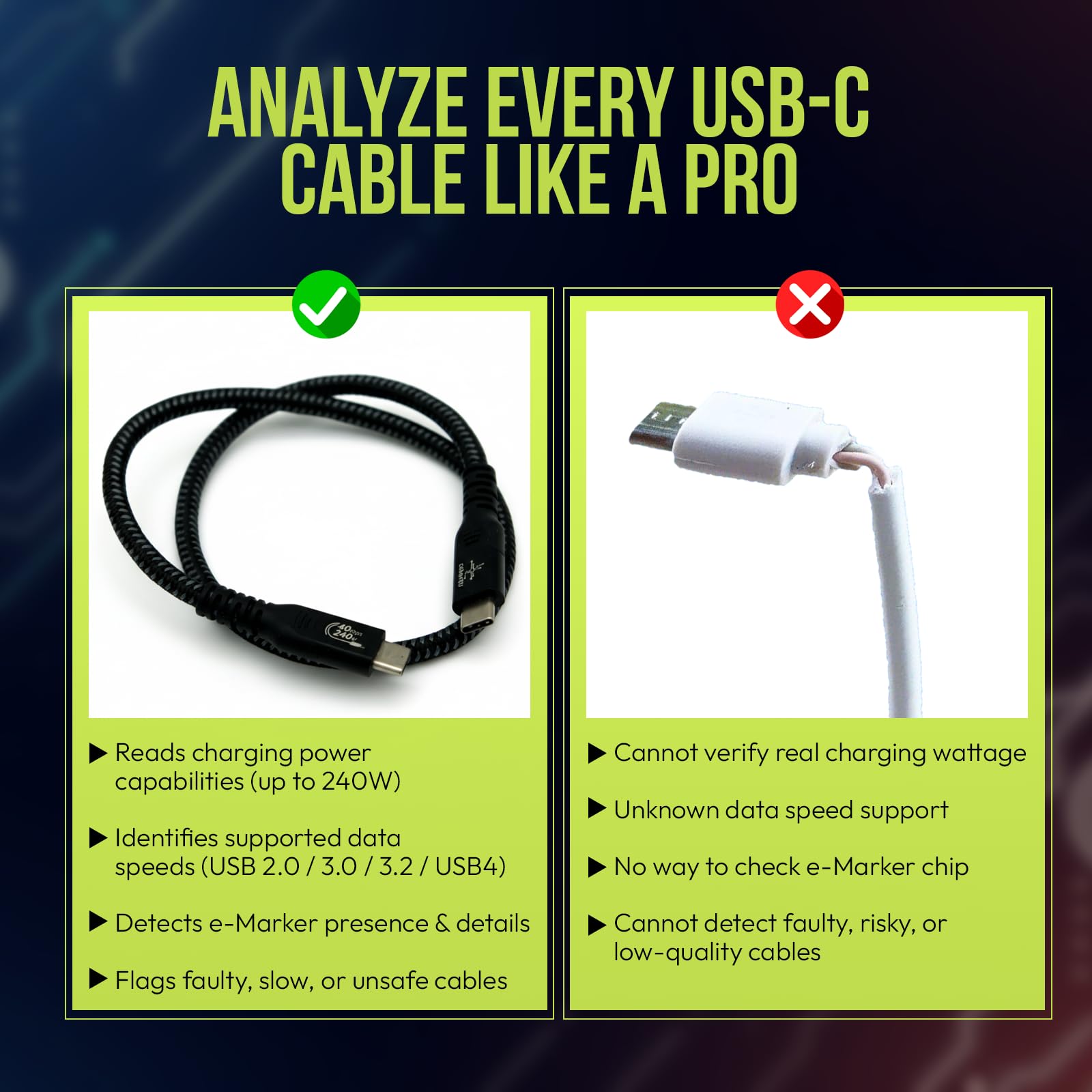 BLE caberQU Testeur de câble numérique USB C PD 3.0/3.1/3.2 eMarker 25 broches Continuité Broches USB 2/3/4 Résistance de câble iOS & Android App (BLE caberQU Kit de sécurité